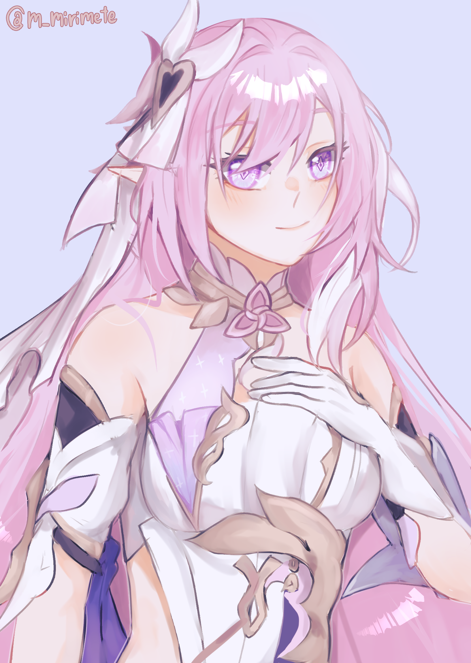 misapit, elysia (herrscher of human: ego) (honkai impact), elysia (honkai impact), honkai (series), honkai impact 3rd, commentary request, highres, 1girl, bare shoulders, breasts, corset, diamond-shaped pupils, diamond (shape), elf, gloves, hand on own chest, large breasts, long hair, pink hair, pointy ears, purple eyes, simple background, solo, symbol-shaped pupils, triquetra, twitter username, upper body, veil, very long hair, white corset, white gloves, white veil
