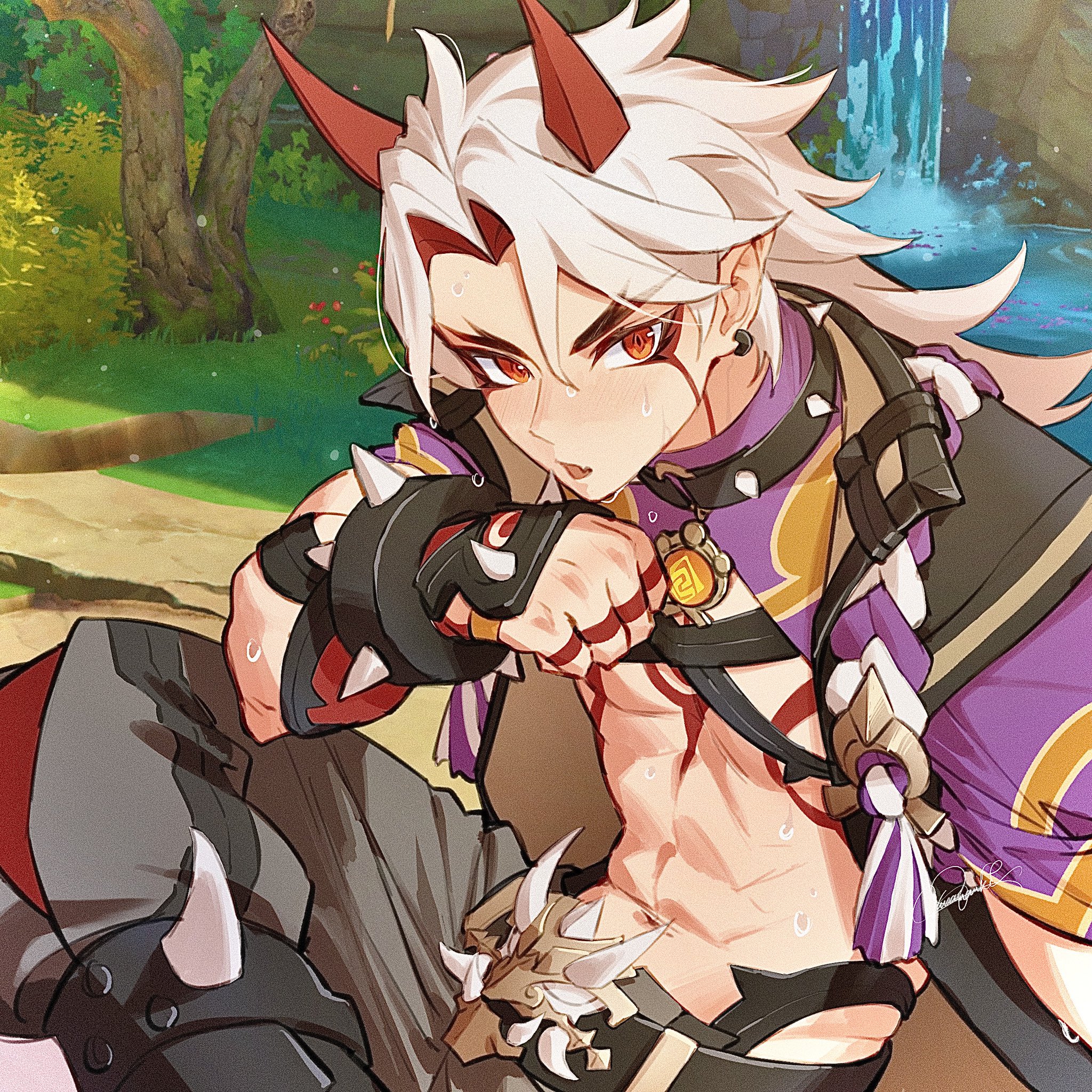 shokun 2, arataki itto, genshin impact, hashtag-only commentary, highres, 1boy, abs, belt, bodypaint, choker, day, facepaint, fang, grey pants, hair between eyes, horns, japanese clothes, jewelry, long hair, male focus, multicolored hair, muscular, muscular male, outdoors, pants, red eyes, red hair, red horns, signature, solo, spiked choker, spikes, tree, vision (genshin impact), water, waterfall, wet, white hair