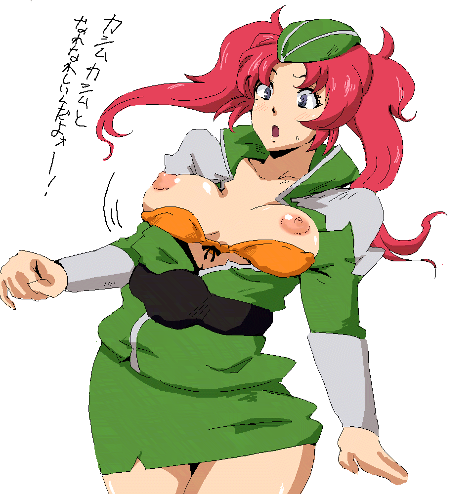 sima (sima30), meyrin hawke, gundam, gundam seed, gundam seed destiny, translation request, 00s, 1girl, belt, blue eyes, blush, bouncing breasts, bra, breasts, female focus, hat, jiggle, large breasts, lingerie, military, military uniform, nipples, o o, oekaki, open clothes, open shirt, pencil skirt, pink hair, shirt, skirt, solo, twintails, underwear