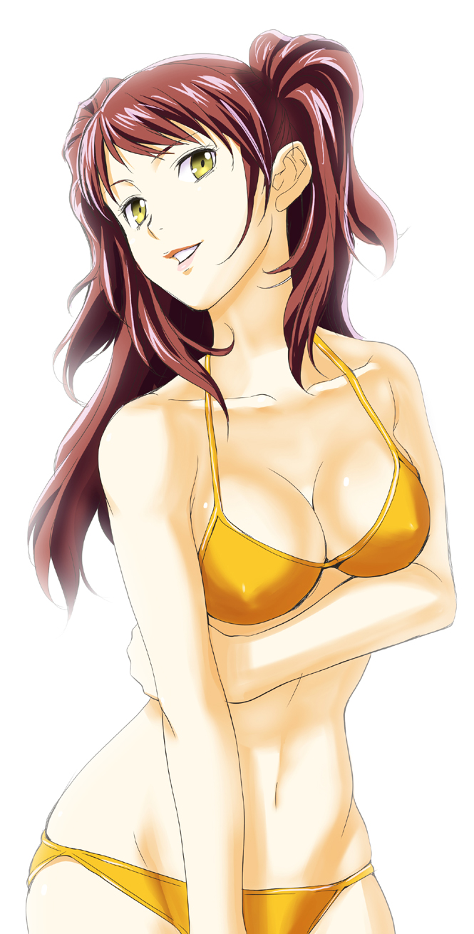 g-tetsu, kujikawa rise, atlus, persona, persona 4, highres, 1girl, bikini, breasts, brown hair, cleavage, female focus, long hair, solo, string bikini, swimsuit, twintails, yellow eyes