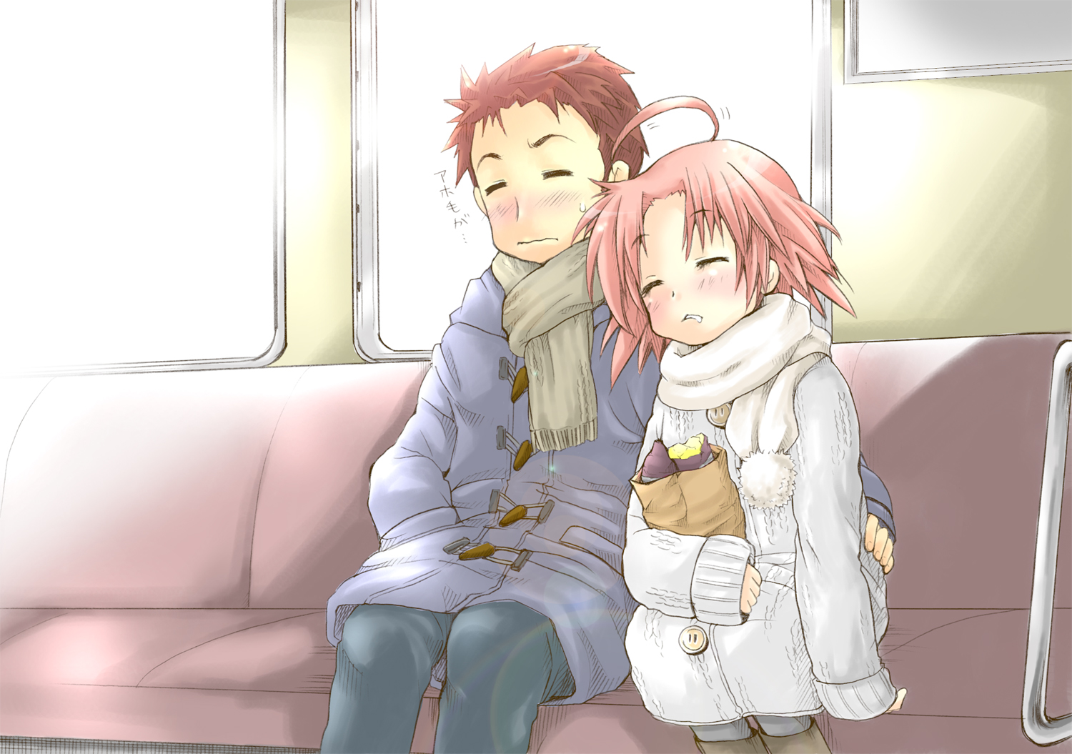 ubizo, kogami akira, shiraishi minoru, lucky star, 00s, 1boy, 1girl, ahoge, coat, food, long sleeves, pantyhose, saliva, scarf, sleeping, sleeping upright, sleeves past wrists, sweet potato, train, train interior