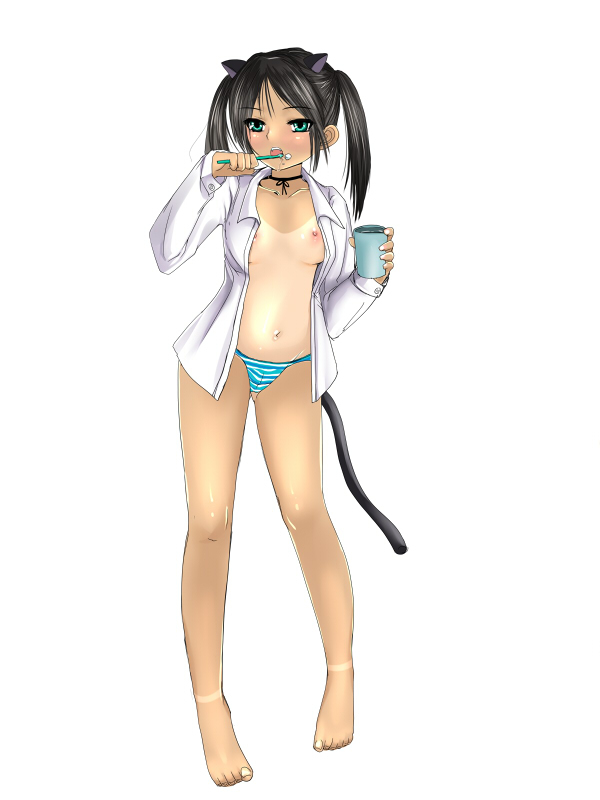 lagarto, francesca lucchini, strike witches, world witches series, 00s, 1girl, accessory tan, animal ears, barefoot, black hair, blue eyes, breasts, brushing teeth, cameltoe, choker, cup, female focus, full body, legs, loli, nipples, one-piece tan, open clothes, open shirt, panties, pigeon-toed, shirt, simple background, small breasts, solo, standing, striped clothes, striped panties, tail, tan, tanline, tanlines, toothbrush, twintails, underwear, white background