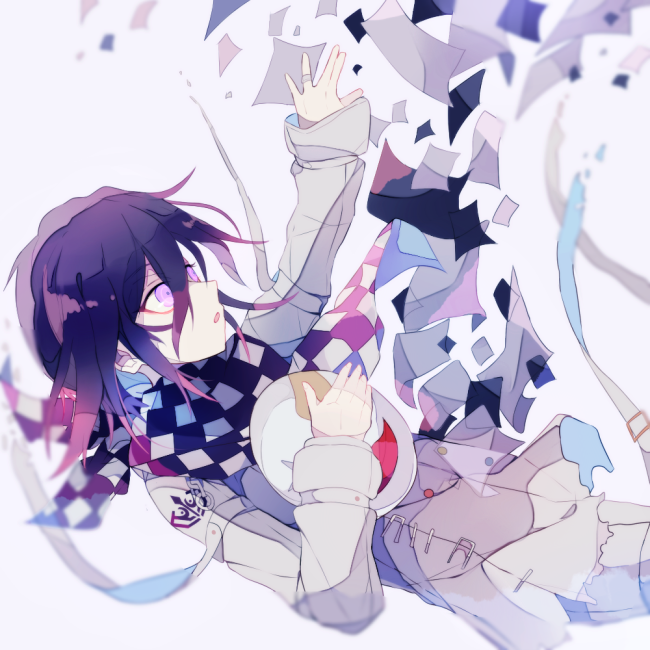 sakura (fein5862817), oma kokichi, danganronpa (series), danganronpa v3: killing harmony, commentary request, 1boy, :o, ace (playing card), ace of diamonds, arm belt, belt, belt buckle, black scarf, buckle, buttons, card, checkered clothes, checkered scarf, cowboy shot, crest, diamond (shape), dissolving, double-breasted, envelope, falling, floating card, floating paper, gold buckle, grey background, hair between eyes, holding, holding mask, jacket, jewelry, layered sleeves, long hair between eyes, long sleeves, looking up, male focus, mask, medium hair, multicolored buttons, multiple belts, open mouth, playing card, purple eyes, purple hair, reaching, ring, scarf, simple background, solo, thigh belt, thigh strap, torn clothes, torn jacket, two-tone scarf, white belt, white jacket, white mask, white scarf, wrist belt