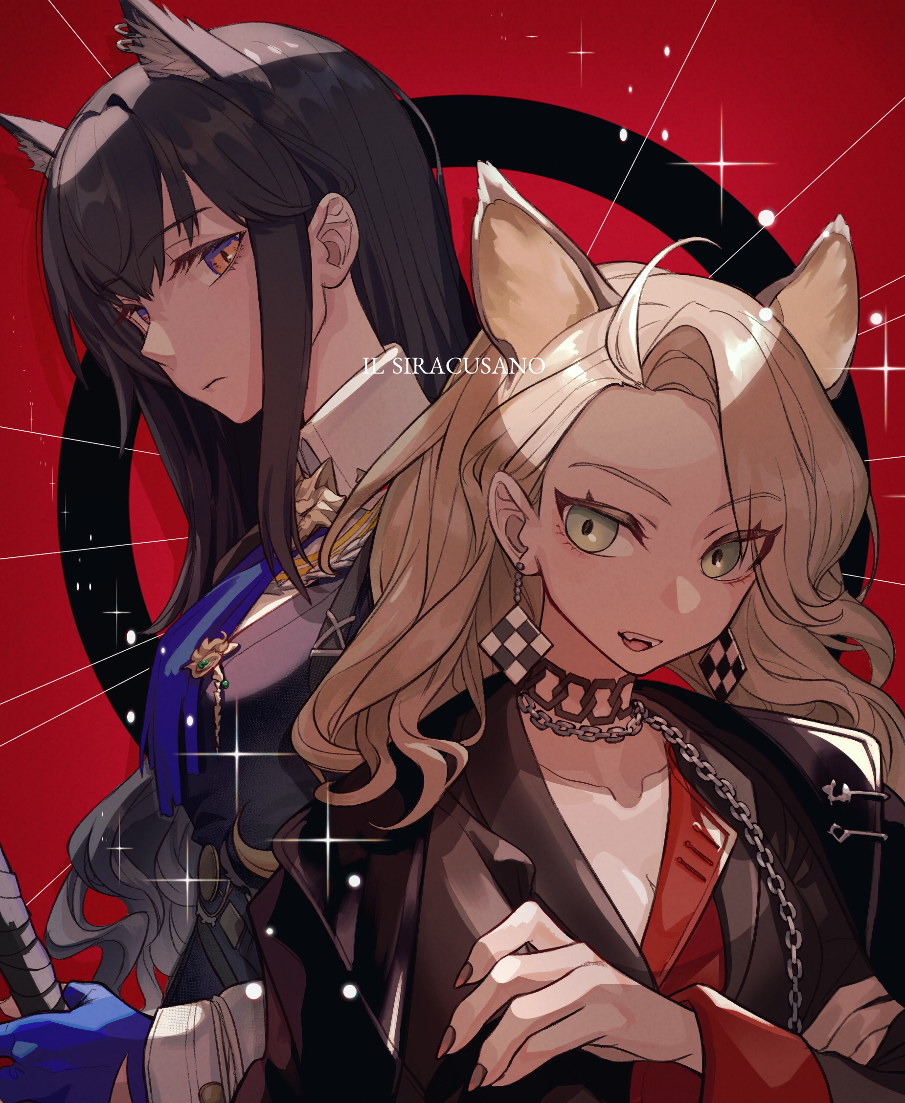 matsuba (mtbsbr721), giovanna rossati (arknights), texas (arknights), texas the omertosa (arknights), arknights, commentary, highres, 2girls, animal ear fluff, animal ears, black hair, black jacket, black vest, blue gloves, brown eyes, brown hair, brown nails, collarbone, collared shirt, crossed arms, ear piercing, earrings, fangs, fingernails, forehead, gloves, green eyes, holding, jacket, jewelry, long hair, long sleeves, multiple girls, nail polish, open mouth, piercing, red background, red shirt, shirt, teeth, upper body, upper teeth only, very long hair, vest, white shirt