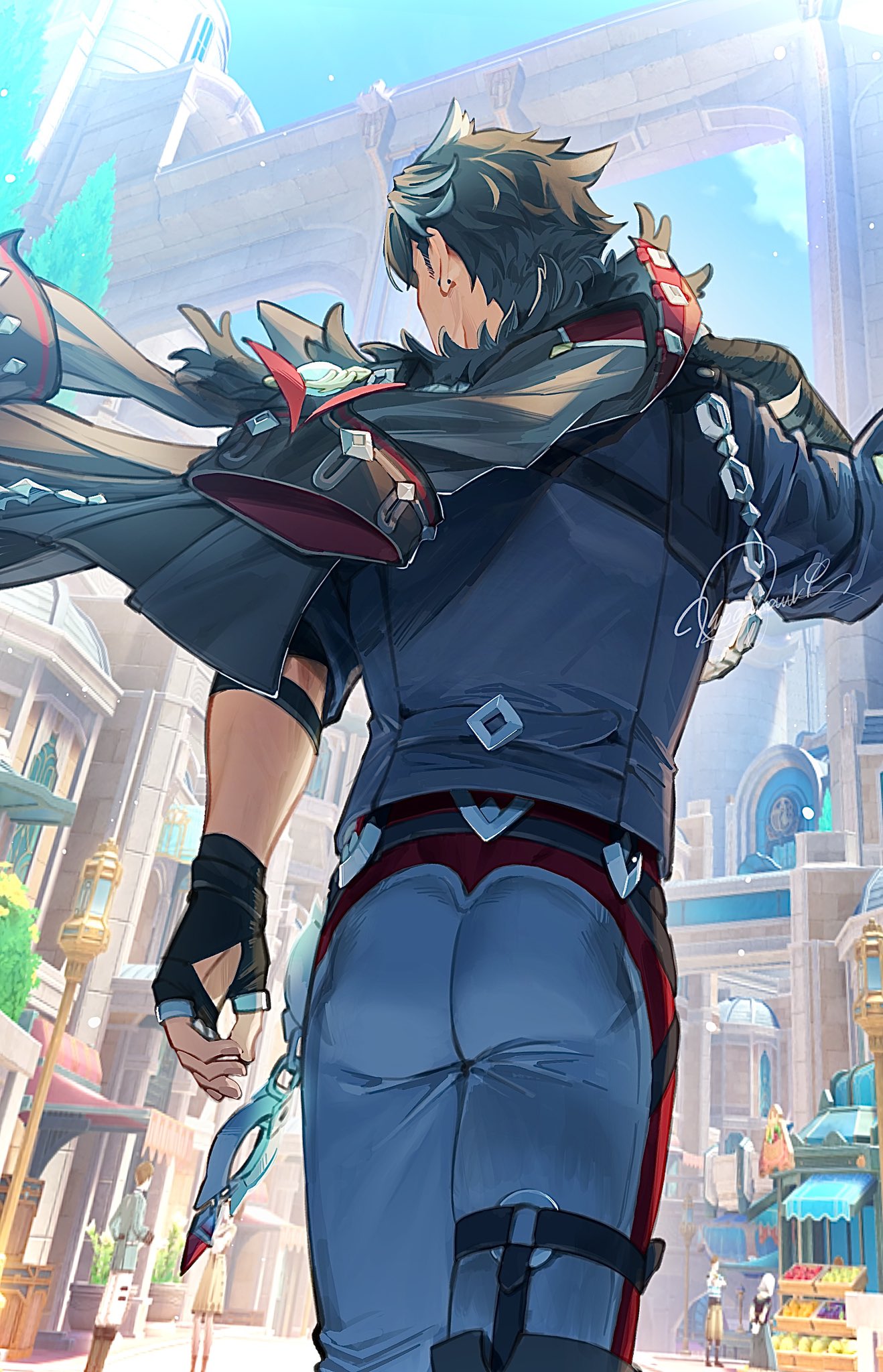shokun 2, wriothesley (genshin impact), genshin impact, hashtag-only commentary, highres, 1boy, ass, bandaged arm, bandages, black gloves, black hair, blue sky, city, cowboy shot, day, ear piercing, fingerless gloves, from behind, game screenshot background, gloves, grey hair, holding, holding jacket, holding unworn clothes, jacket, male focus, multicolored hair, outdoors, pants, piercing, screenshot background, shirt, sky, solo, unworn jacket