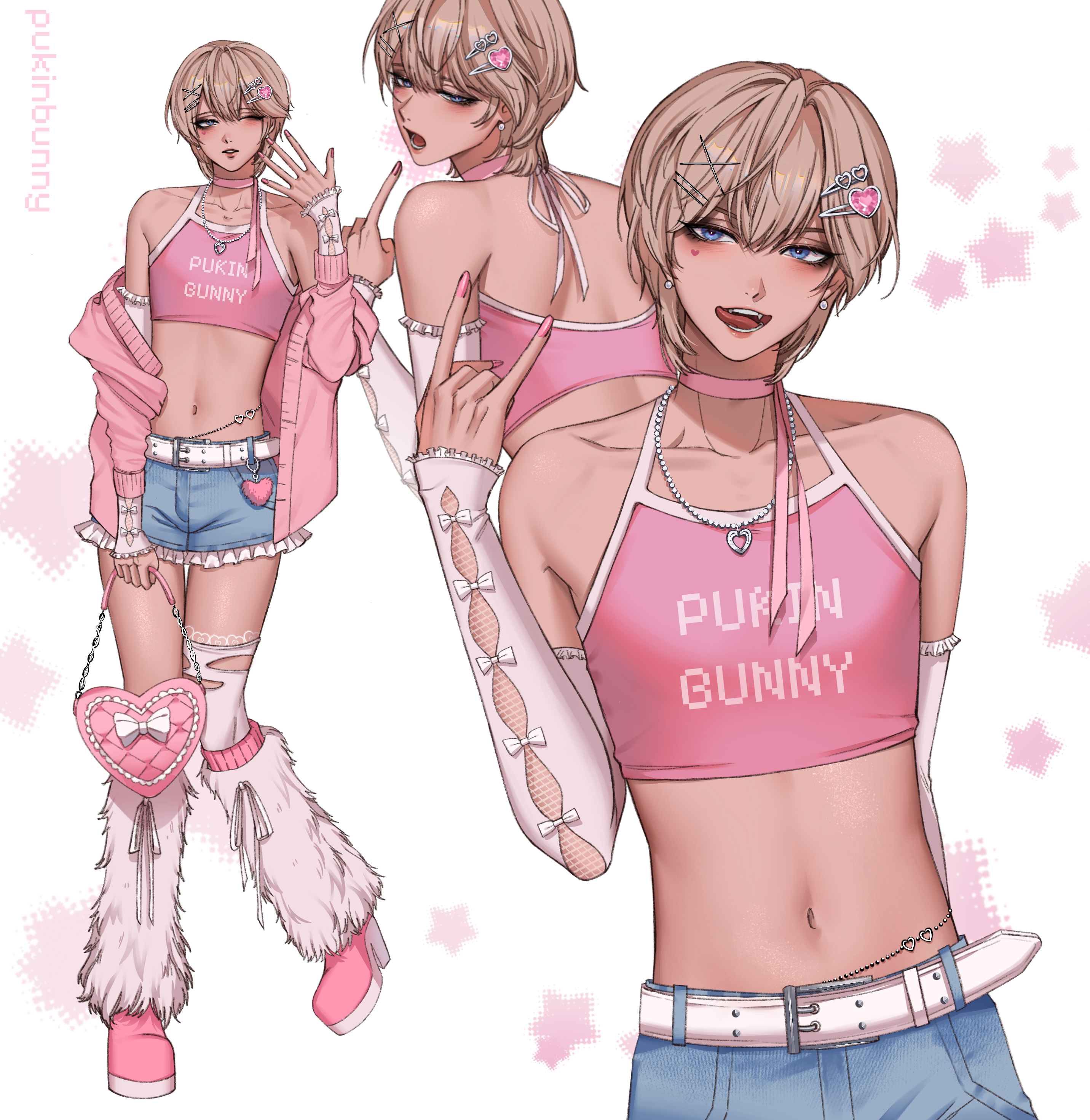 pukinbunny, original, feminization, absurdres, highres, 1boy, artist name, back, bare shoulders, belt, belt buckle, blonde hair, blue eyes, boots, buckle, choker, close-up, collarbone, crop top, crossdressing, crossdressing (mtf), denim, denim shorts, detached sleeves, earrings, hair ornament, hairclip, heart, heart necklace, high heel boots, high heels, jewelry, leg warmers, licking lips, male focus, midriff, multiple views, navel, necklace, open clothes, pink choker, pink nails, pink sweater, short shorts, shorts, standing, sweater, tongue, tongue out, trap, white leg warmers