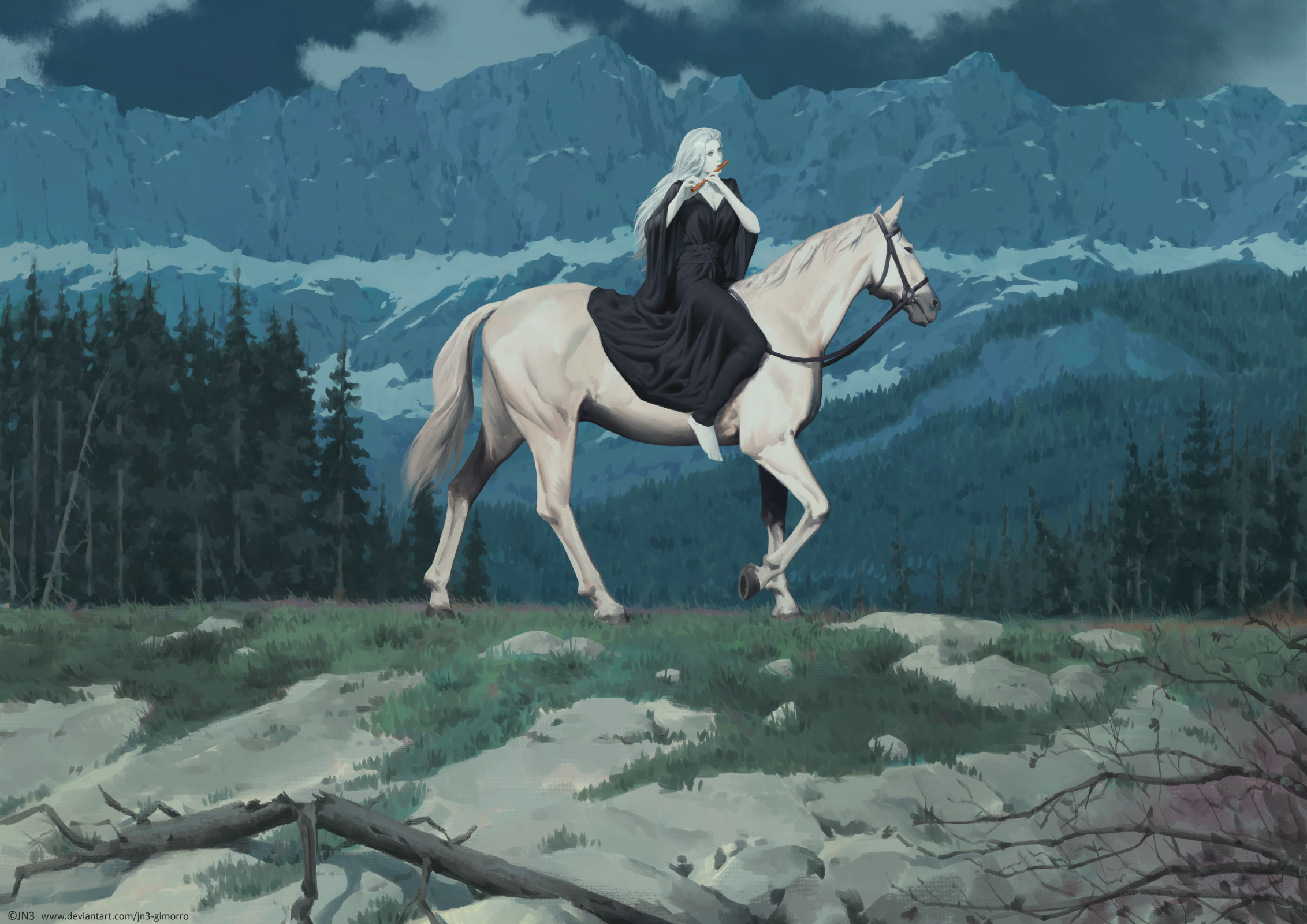 jn3, original, commentary, english commentary, highres, 1girl, artist name, barefoot, breasts, cleavage, cloud, colored skin, grass, horse, horseback riding, instrument, long hair, medium breasts, mountain, music, outdoors, playing instrument, riding, sky, solo, tree, watermark, web address, white hair, white horse, white skin
