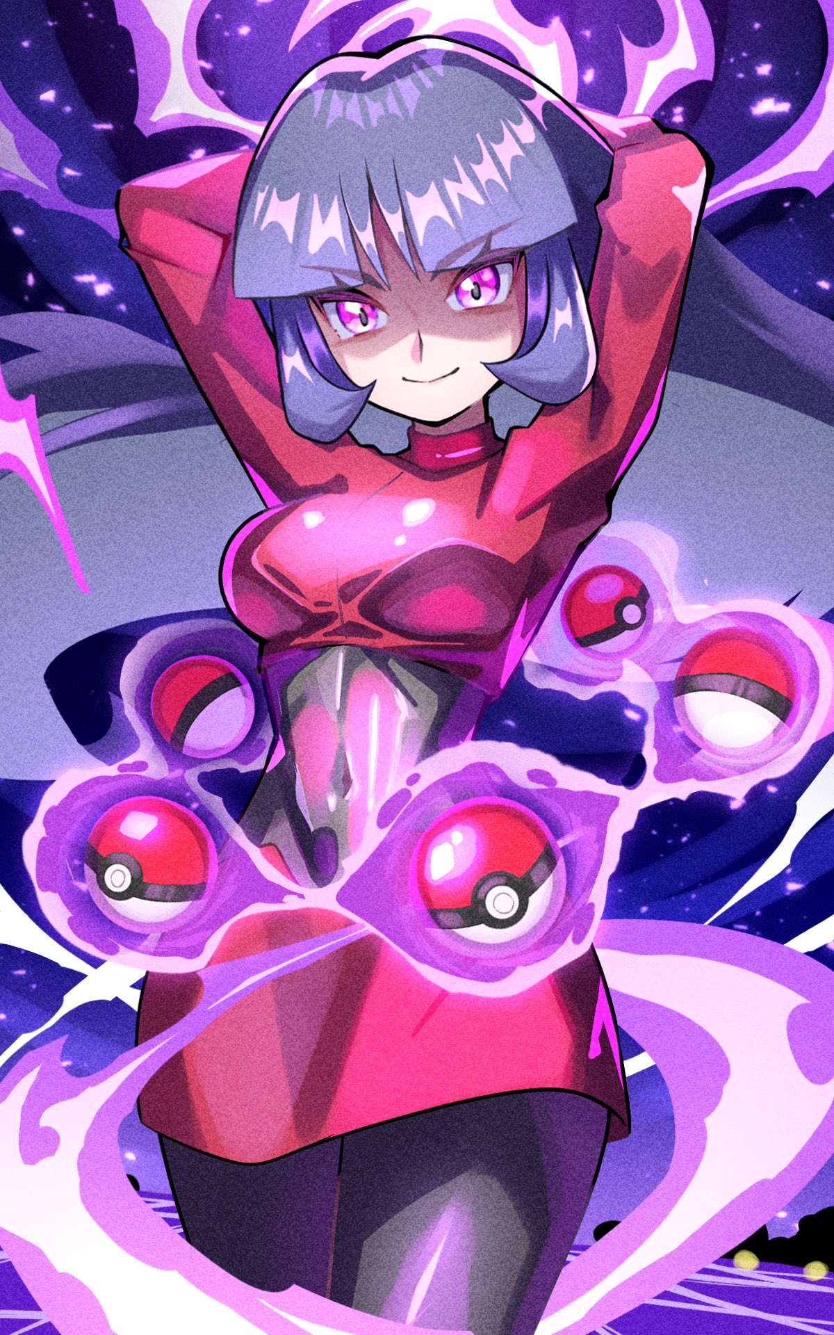 inana umi, sabrina (pokemon), nintendo, pokemon, pokemon frlg, highres, 1girl, blunt bangs, bodysuit, breasts, cowboy shot, long hair, looking at viewer, poke ball, purple eyes, red bodysuit, solo