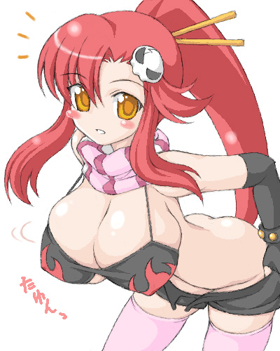 miyata gakuman, yoko littner, tengen toppa gurren lagann, lowres, 00s, 1girl, arched back, ass, bent over, blush, bottomless, breasts, elbow gloves, female focus, gloves, hanging breasts, huge breasts, long hair, looking at viewer, parted lips, ponytail, red hair, scarf, short shorts, shorts, simple background, solo, standing, striped clothes, striped scarf, thighhighs, undressing, white background, yellow eyes