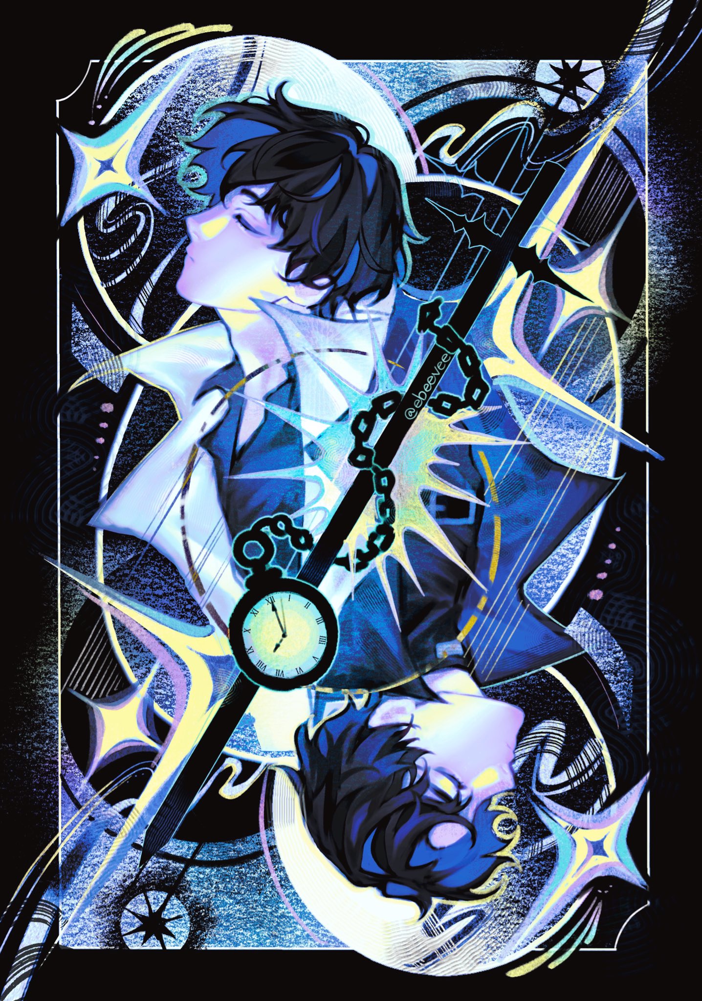 evie (baoxiao), kim dokja, omniscient reader's viewpoint, highres, 2boys, abstract, black coat, black hair, black shirt, chain, closed eyes, coat, halo, halo behind head, male focus, multiple boys, open clothes, open coat, pocket watch, popped collar, saturated, shirt, short hair, sparkle, sword, upper body, watch, weapon, white coat