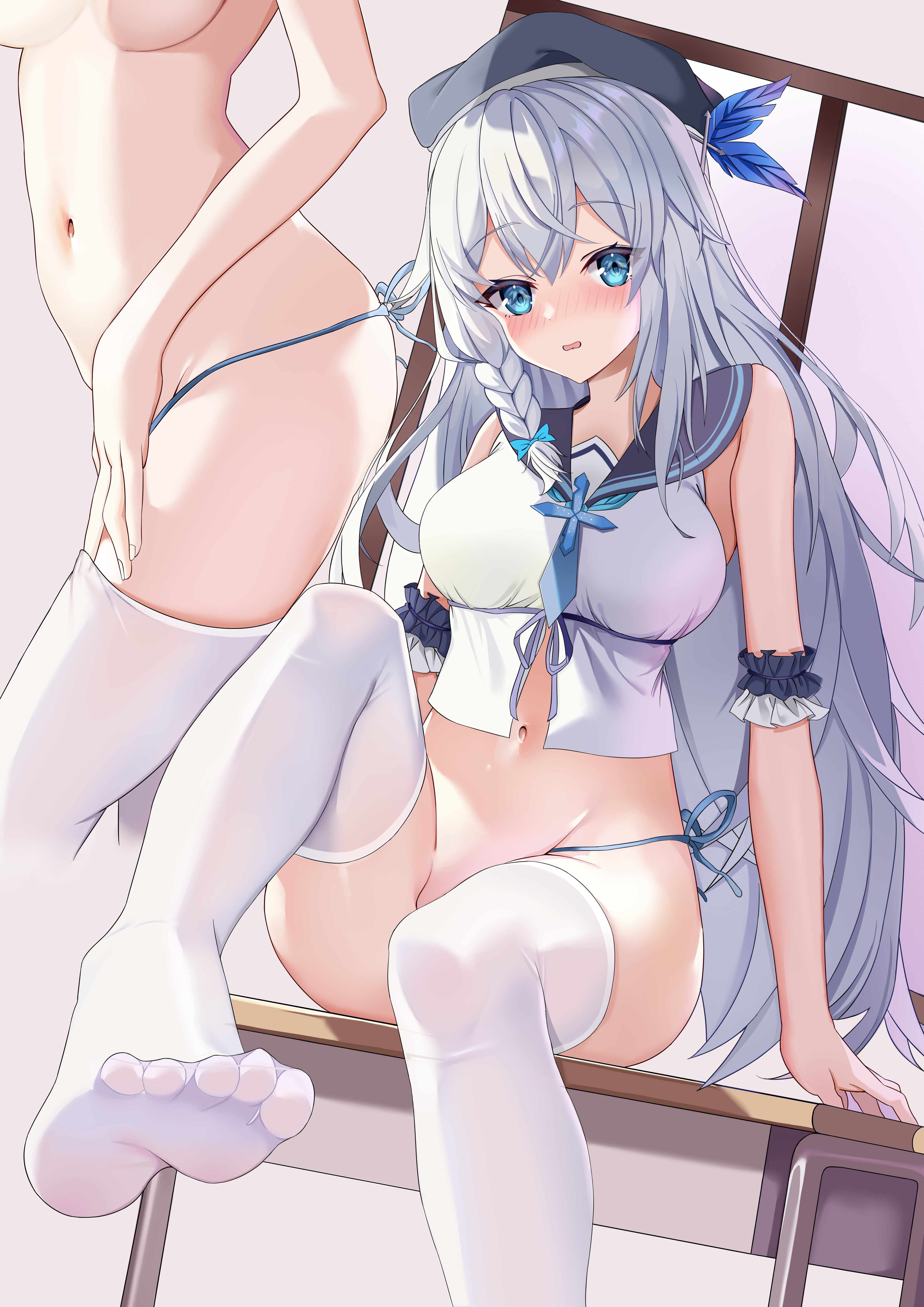listjoy, original, absurdres, chinese commentary, commentary, highres, 1girl, adjusting clothes, adjusting legwear, arms at sides, bare shoulders, beret, black hat, blue bow, blue eyes, blue panties, blue sailor collar, blush, bow, braid, breasts, cross hat ornament, desk, dutch angle, embarrassed, eyelashes, eyes visible through hair, feet, foot out of frame, foot up, frilled arm strap, grey hair, groin, hair between eyes, hair bow, hat, hat feather, knee up, long hair, looking at viewer, medium breasts, multiple views, navel, no shoes, nose blush, on desk, open mouth, panties, presenting foot, sailor collar, sailor shirt, shirt, side-tie panties, simple background, single braid, sitting, sleeveless, sleeveless shirt, soles, stomach, thighhighs, thighs, toes, underboob, underwear, very long hair, white shirt, white thighhighs