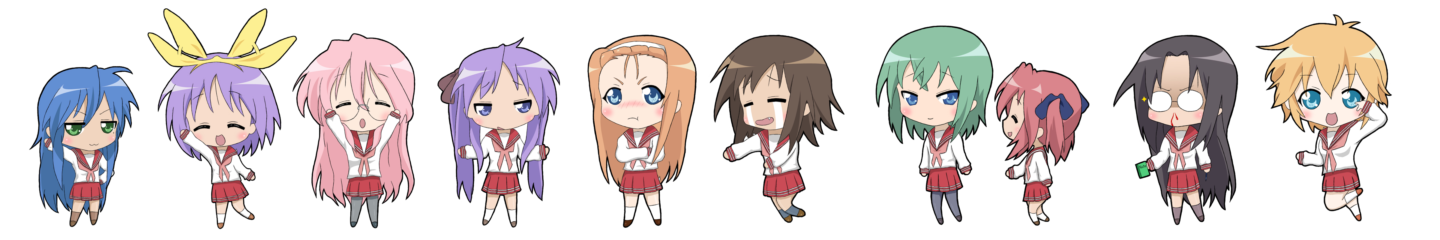 aokage, hiiragi kagami, hiiragi tsukasa, iwasaki minami, izumi konata, kobayakawa yutaka, kusakabe misao, minegishi ayano, patricia martin, takara miyuki, tamura hiyori, lucky star, absurdres, highres, long image, wide image, 00s, 6+girls, blood, chibi, everyone, fang, glasses, multiple girls, nosebleed, pantyhose, school uniform, serafuku, simple background, tears, white background
