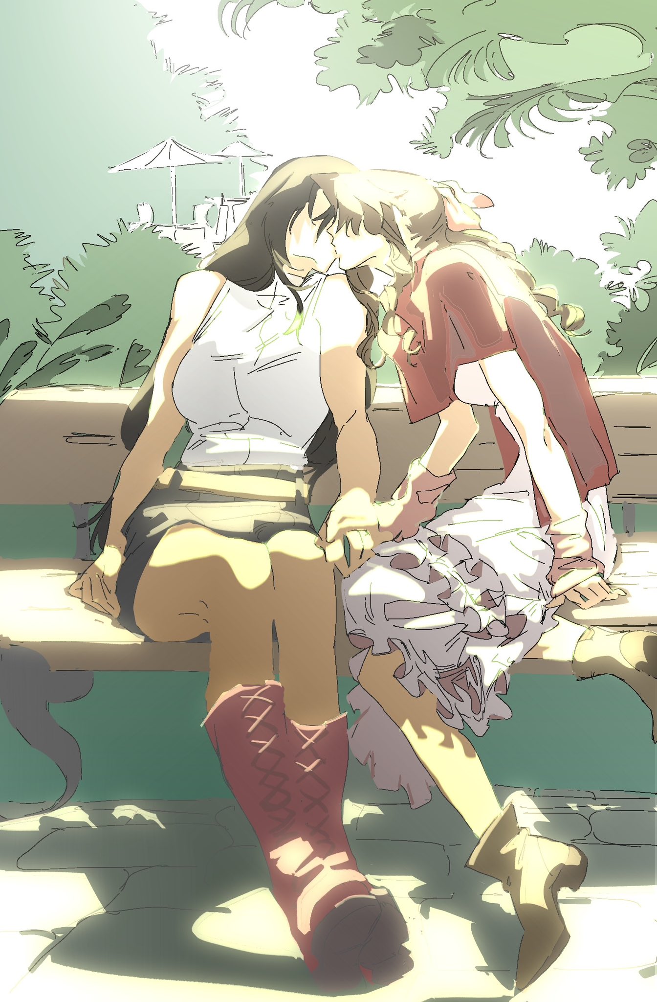 xiehuangxb, aerith gainsborough, tifa lockhart, final fantasy, final fantasy vii, highres, 2girls, alternate costume, arm warmers, bare arms, bare shoulders, bench, black hair, black skirt, boots, braid, braided ponytail, breasts, brown boots, brown hair, dress, frilled dress, frills, full body, hair over eyes, hair ribbon, holding hands, jacket, kiss, large breasts, multiple girls, outdoors, pink ribbon, red boots, red jacket, ribbon, shirt, short sleeves, sitting, sketch, skirt, sleeveless, sleeveless shirt, umbrella, white dress, white shirt, yuri
