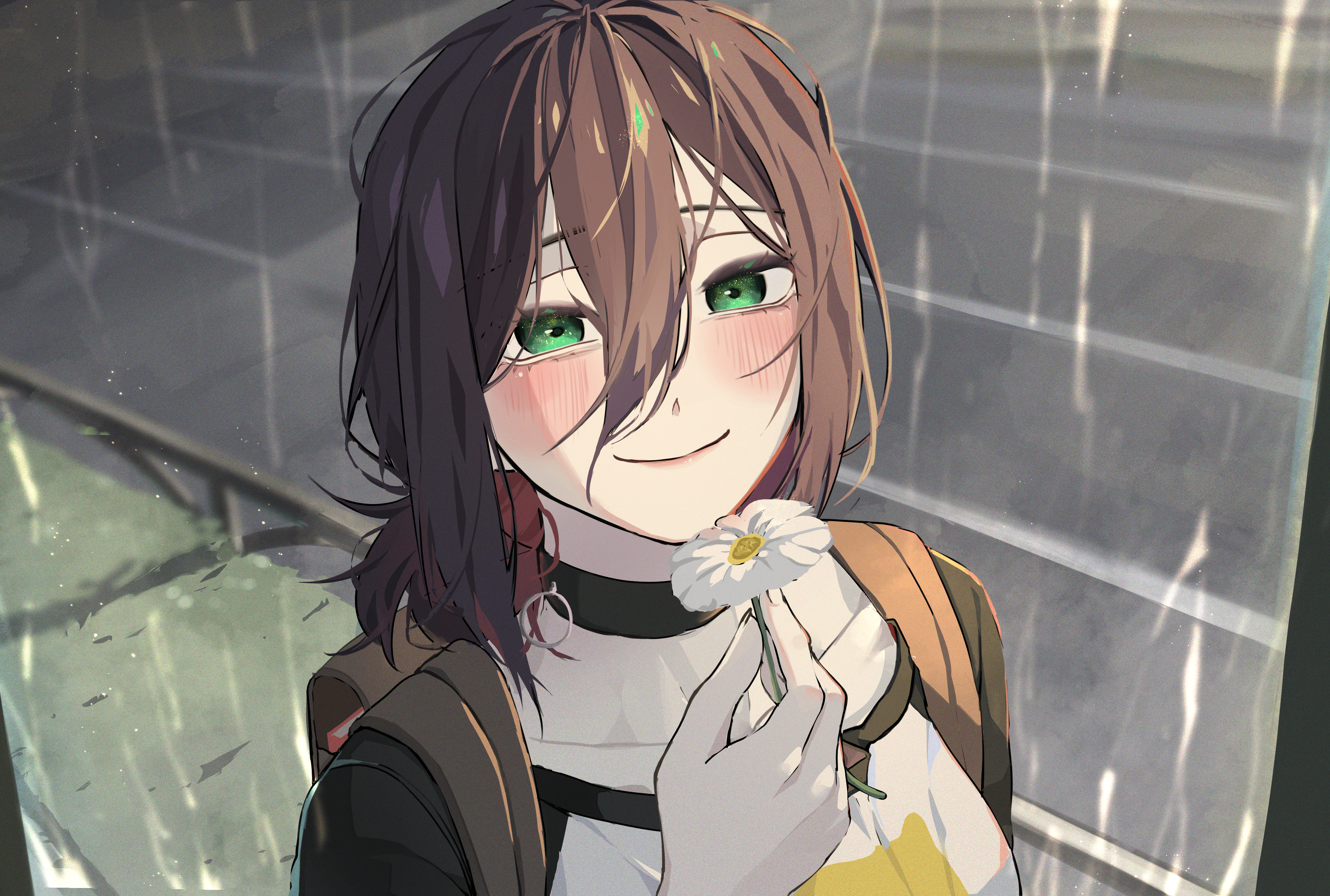 reze (chainsaw man), chainsaw man, absurdres, highres, 1girl, backpack, bag, black choker, black hair, blush, choker, closed mouth, flower, green eyes, grenade pin, hair between eyes, holding, holding flower, inta dayo, portrait, rain, smile, solo, white flower