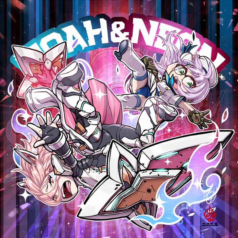 kanchiyo, neon (nikke), noah (nikke), goddess of victory: nikke, 2girls, armor, armored bodysuit, armored boots, artist name, ass, bodysuit, boots, breasts, cameltoe, falling, glasses, gloves, green eyes, hat, headgear, long hair, looking at viewer, medium breasts, multiple girls, open mouth, pink eyes, pink hair, school uniform, serafuku, shield, short hair, skirt, tears, thighhighs, very long hair, waist cape, white hair