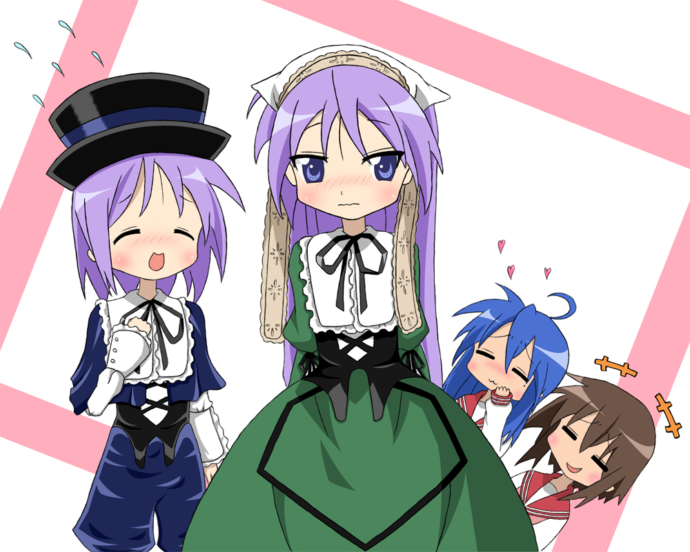 aokage, hiiragi kagami, hiiragi tsukasa, izumi konata, kusakabe misao, souseiseki, suiseiseki, lucky star, rozen maiden, 4girls, ahoge, blue eyes, blue hair, brown hair, closed eyes, cosplay, dress, fang, hat, headscarf, laughing, long hair, mole, mole under eye, multiple girls, purple hair, school uniform, serafuku, short hair, souseiseki (cosplay), suiseiseki (cosplay), white headscarf