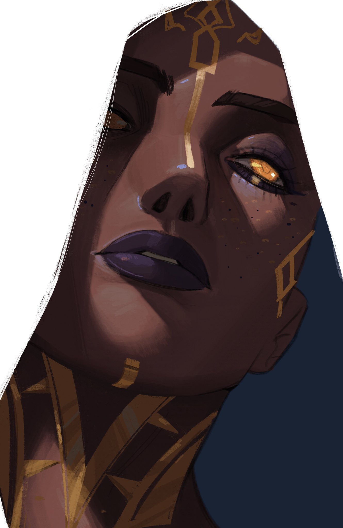drugsandsocks, mel (league of legends), arcane: league of legends, league of legends, highres, 1girl, blue background, close-up, dark-skinned female, dark skin, facial tattoo, freckles, from below, gold tattoo, hood, hood up, neck tattoo, negative space, no pupils, orange eyes, parted lips, purple lips, simple background, solo, tattoo