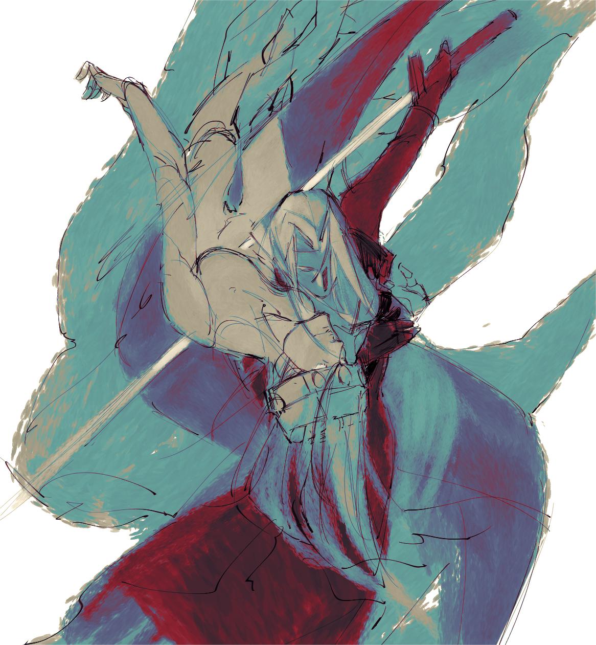 xiehuangxb, jenova, sephiroth, final fantasy, final fantasy vii, highres, 1boy, 1girl, alien, black coat, black gloves, breasts, coat, cowboy shot, gloves, helmet, holding, holding sword, holding weapon, long coat, long hair, masamune (ff7), medium breasts, outstretched arm, parted bangs, sketch, sword, weapon, white background, white eyes
