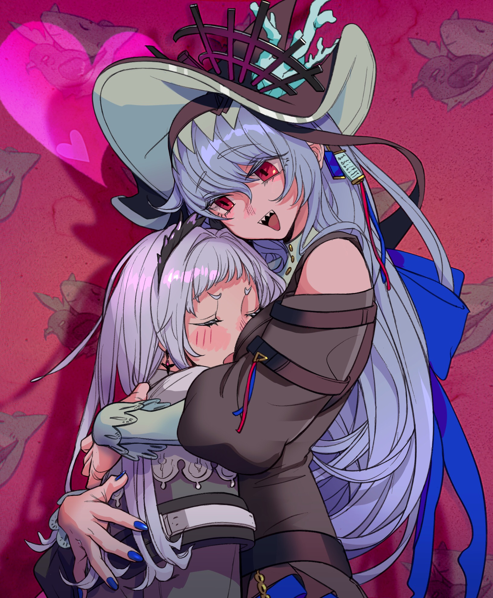 matsuba (mtbsbr721), irene (arknights), specter (arknights), specter the unchained (arknights), arknights, commentary request, highres, partial commentary, 2girls, bird, black dress, black hat, blue nails, blush, closed eyes, clothing cutout, dress, grey hair, hairband, hat, head wings, heart, hug, long hair, long sleeves, multiple girls, nail polish, official alternate costume, open mouth, red eyes, shark, sharp teeth, shoulder cutout, smile, teeth, wings, witch hat, yuri