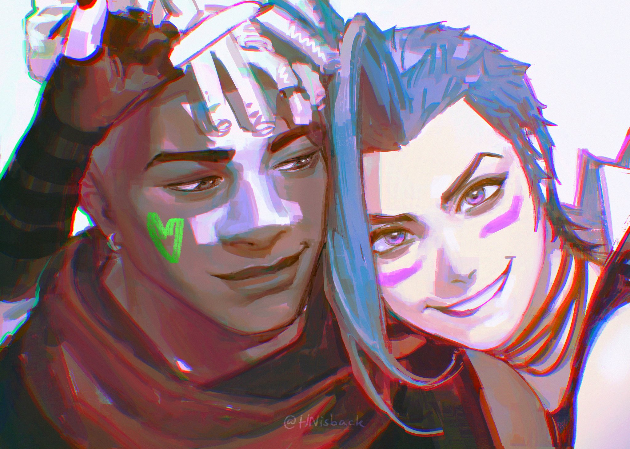 nashi y, arcane jinx, ekko (league of legends), firelight ekko, jinx (league of legends), arcane: league of legends, league of legends, commentary, english commentary, highres, 1boy, 1girl, arm around shoulder, blue hair, brown eyes, chromatic aberration, couple, dark-skinned male, dark skin, dreadlocks, facepaint, hand up, heart, hetero, interracial, looking at another, pink eyes, purple lips, red scarf, scarf, short hair, sideways glance, simple background, smile, teeth, twitter username, undercut, upper body, white-haired man (jimini shijimi), white background