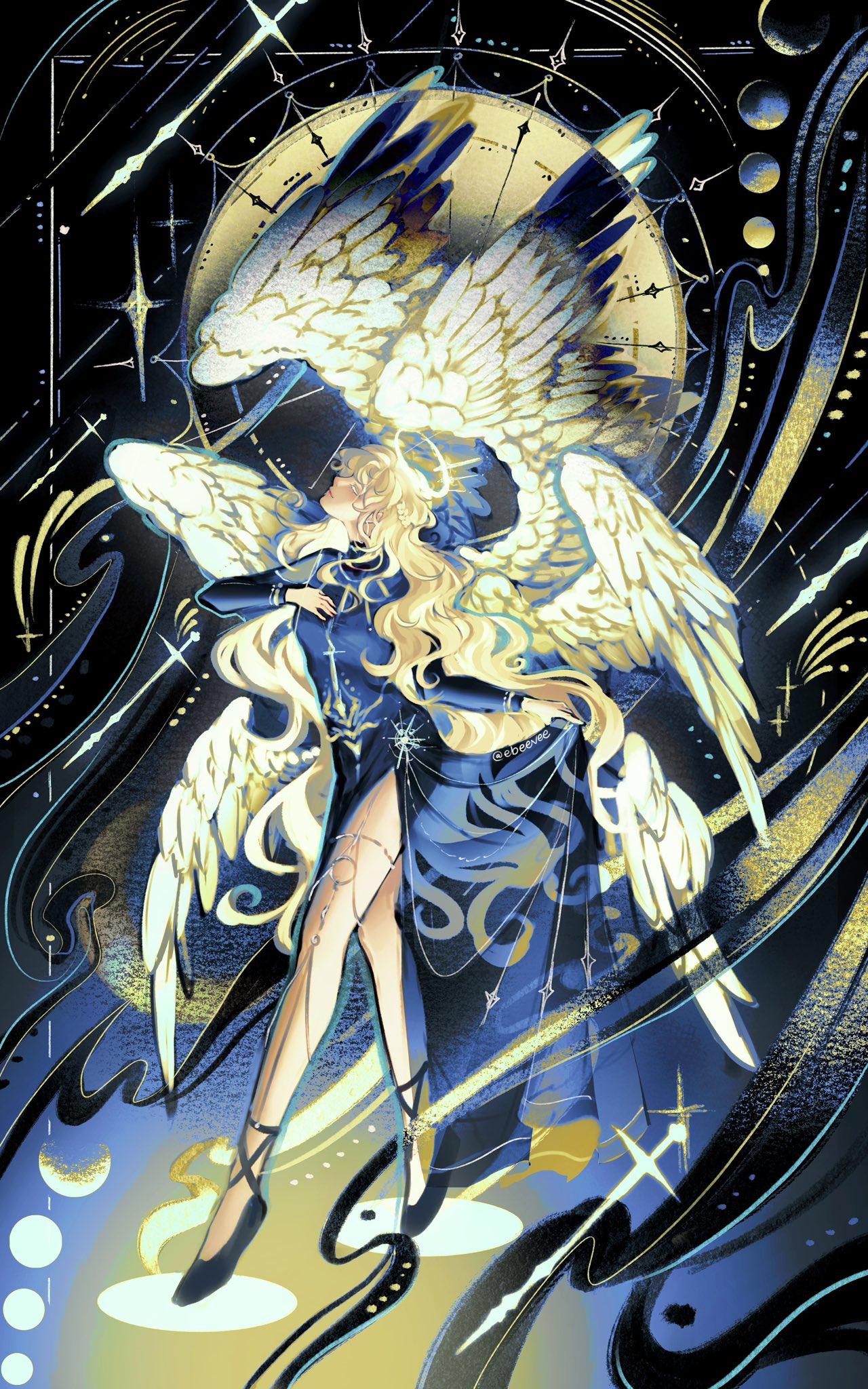 evie (baoxiao), uriel (omniscient reader's viewpoint), omniscient reader's viewpoint, highres, 1girl, angel, black dress, blonde hair, closed eyes, clothes lift, color contrast, dress, dress lift, full body, hair flowing over, halo, halo behind head, hand on own chest, long hair, planet, sandals, side slit, solo, spiked halo, sword, too many wings, very long hair, walking, wavy hair, weapon