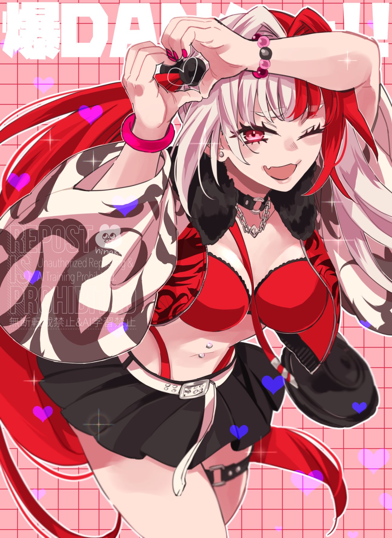 hinako68, matsunaga hitsuhide (fate), fate/grand order, fate (series), highres, 1girl, black choker, black skirt, breasts, choker, cowboy shot, cropped jacket, heart, heart hands, jacket, miniskirt, multicolored hair, navel piercing, one eye closed, open clothes, open jacket, piercing, red eyes, red hair, red nails, skirt, smile, solo, thigh strap, twintails, two-tone hair, white hair