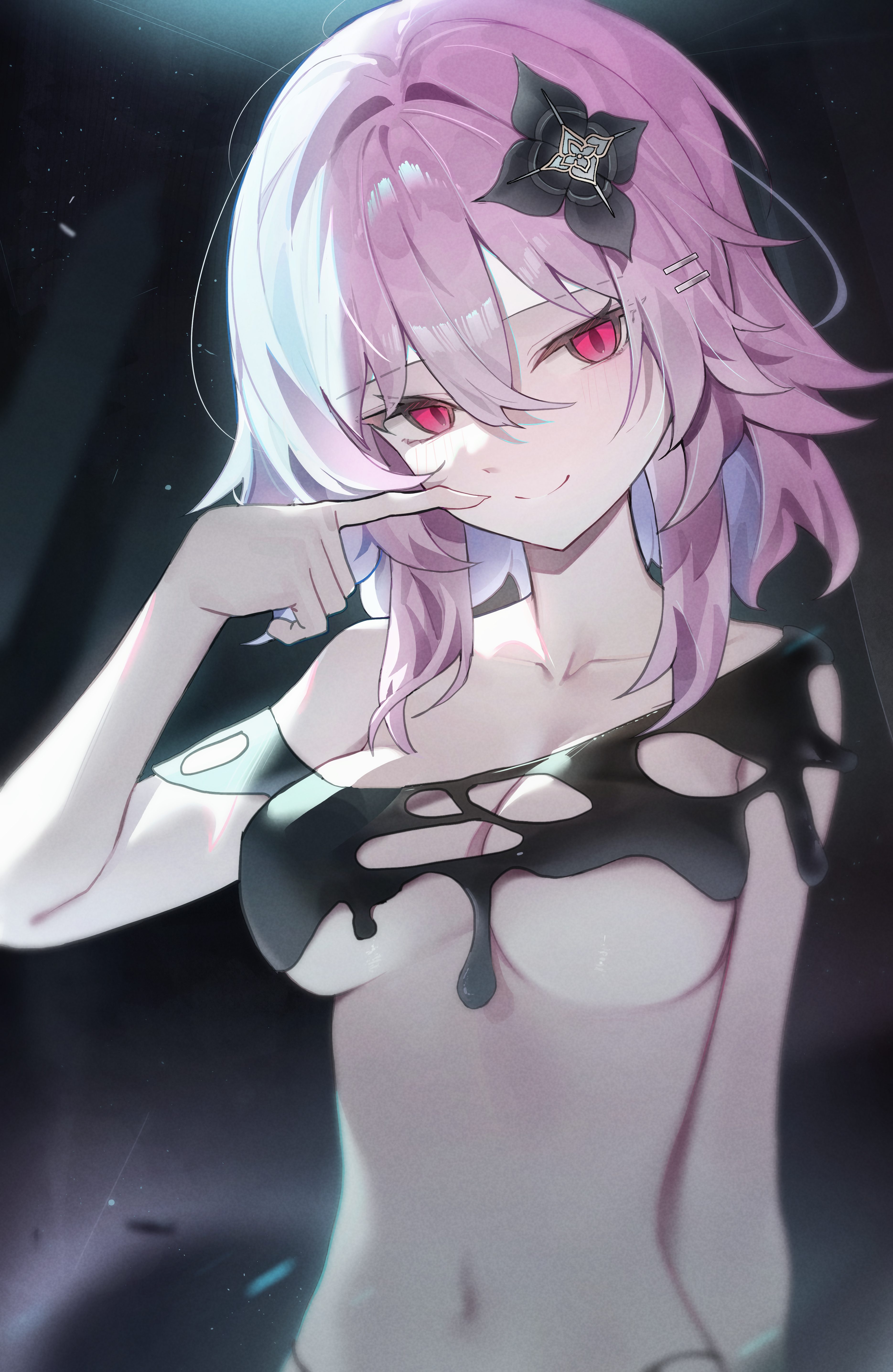 huu (dighapdlxm12), evernight (honkai: star rail), march 7th (honkai: star rail), honkai: star rail, honkai (series), absurdres, commentary, highres, 1girl, breasts, closed mouth, flower, hair flower, hair ornament, large breasts, looking at viewer, medium hair, navel, pink hair, red eyes, smile, solo, upper body