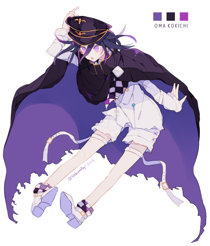 sakura (fein5862817), oma kokichi, danganronpa (series), danganronpa v3: killing harmony, commentary request, 1boy, adapted costume, arm behind back, belt, belt buckle, bikini, black cloak, black scarf, black socks, buckle, buttons, character name, checkered clothes, checkered scarf, checkered socks, cloak, collared cloak, color guide, cross-laced clothes, cross-laced shorts, denim, double-breasted, dress shoes, full body, gold bikini, hair between eyes, hand on headwear, high collar, jacket, jeans, layered sleeves, leaning forward, long hair between eyes, long sleeves, looking ahead, male focus, messy hair, multicolored buttons, multiple belts, open belt, open mouth, pale skin, pants, purple cloak, purple eyes, purple hair, scarf, shoe belt, shoes, short hair, shorts, simple background, sleeve cuffs, sleeves past wrists, socks, solo, swimsuit, thigh belt, thigh strap, torn cloak, torn clothes, torn jeans, torn pants, torn scarf, torn shorts, two-sided cloak, two-sided fabric, two-tone scarf, two-tone socks, white background, white belt, white jacket, white scarf, white shoes, white shorts, white socks
