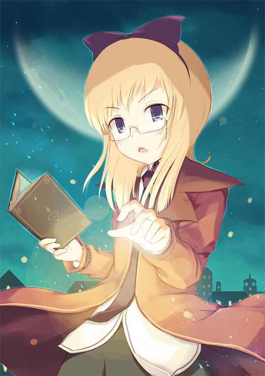 sakusaku, original, 1girl, :o, blonde hair, book, cloak, cowboy shot, female focus, full moon, glasses, grimoire, holding, holding book, long sleeves, looking at viewer, magic, moon, open book, parted lips, purple eyes, rimless eyewear, solo, sparkle