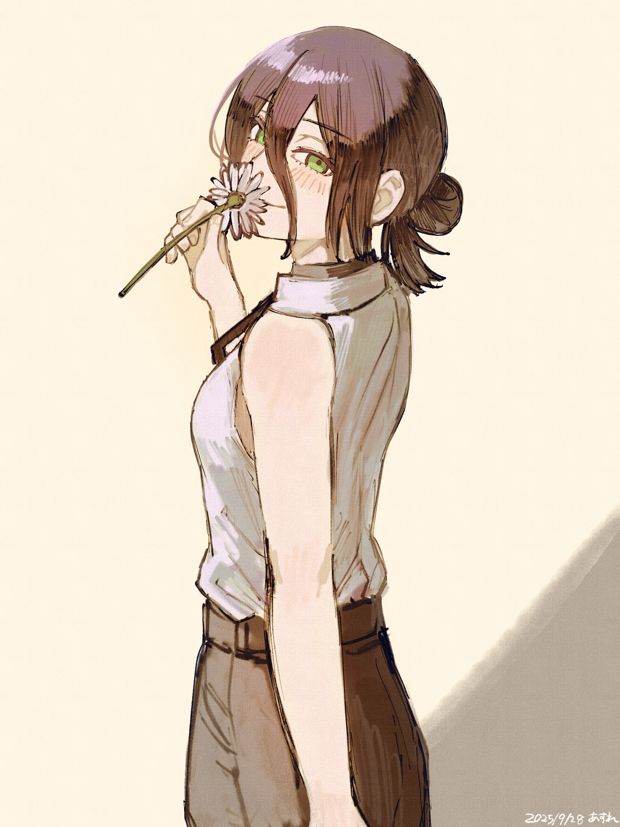 asure tapioka, reze (chainsaw man), chainsaw man, absurdres, highres, 1girl, black choker, black hair, black ribbon, choker, closed mouth, collared shirt, cowboy shot, flower, green eyes, hair between eyes, hair bun, holding, holding flower, looking at viewer, neck ribbon, ribbon, shirt, shirt tucked in, sleeveless, sleeveless shirt, smelling, smelling flower, smile, solo, white flower