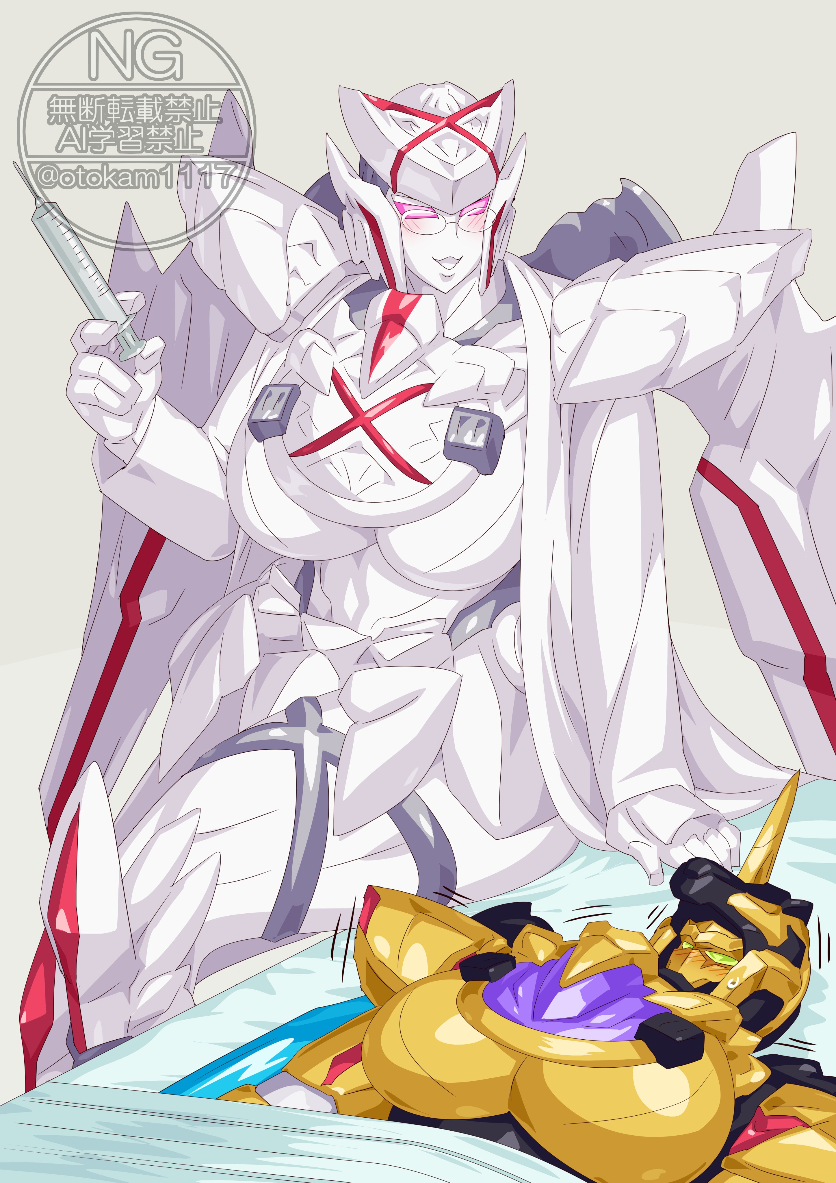 otokamu, queen tegajune, no.1 sentai gozyuger, super sentai, absurdres, highres, 2girls, artificial eye, black helmet, blush, breasts, colored skin, doctor, glasses, gold skin, helmet, hospital, looking at another, lying, mecha, mechanical wings, multiple girls, purple eyes, robot, tega sword black, tokusatsu, unicorn, white skin, wings, yellow eyes