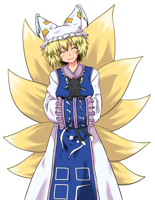 hiromasa, chen, chen (cat), yakumo ran, touhou, 1girl, :3, animal hat, blonde hair, cat, earrings, female focus, fox tail, hat, jewelry, kitsune, kyuubi, long sleeves, mob cap, multiple tails, short hair, solo, tail, tassel, white background, wide sleeves