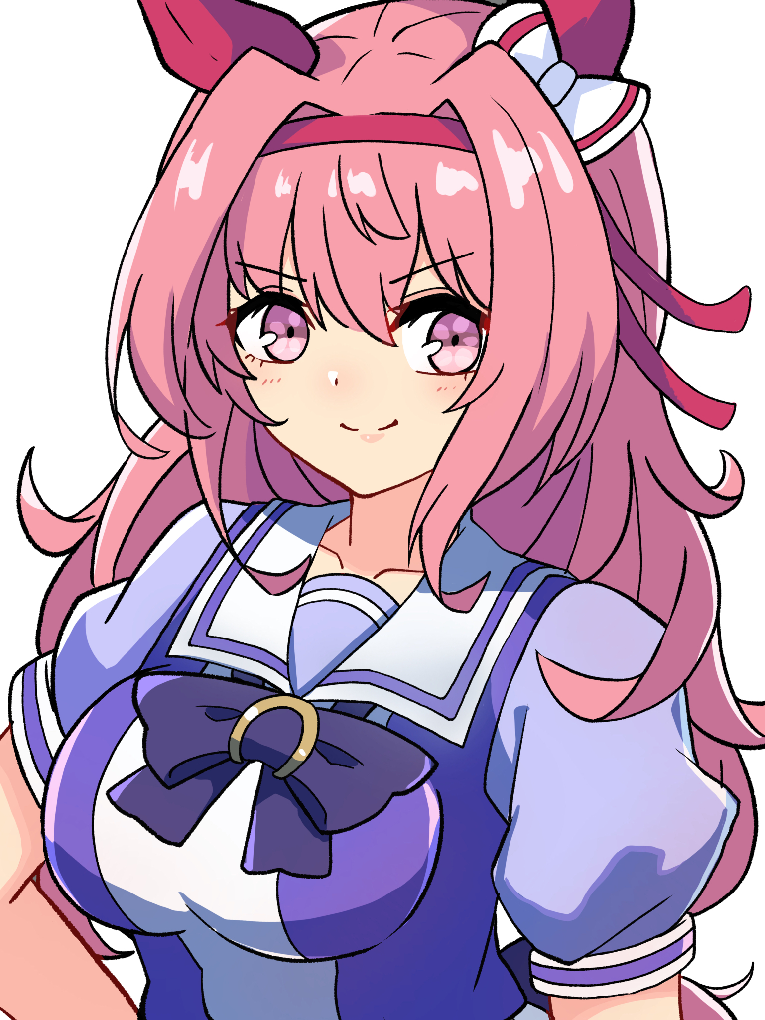 kawamochi (tddm3573), haru urara (umamusume), umamusume, highres, >:), 1girl, alternate breast size (larger), animal ears, bow, breasts, closed mouth, collarbone, ear bow, flower-shaped pupils, hair between eyes, hair down, hairband, horse ears, horse girl, horse tail, long hair, looking at viewer, medium breasts, pink eyes, pink hair, puffy short sleeves, puffy sleeves, purple bow, purple shirt, red hairband, school uniform, shirt, short sleeves, simple background, smile, solo, symbol-shaped pupils, tail, tracen school uniform, upper body, v-shaped eyebrows, very long hair, white background, white bow