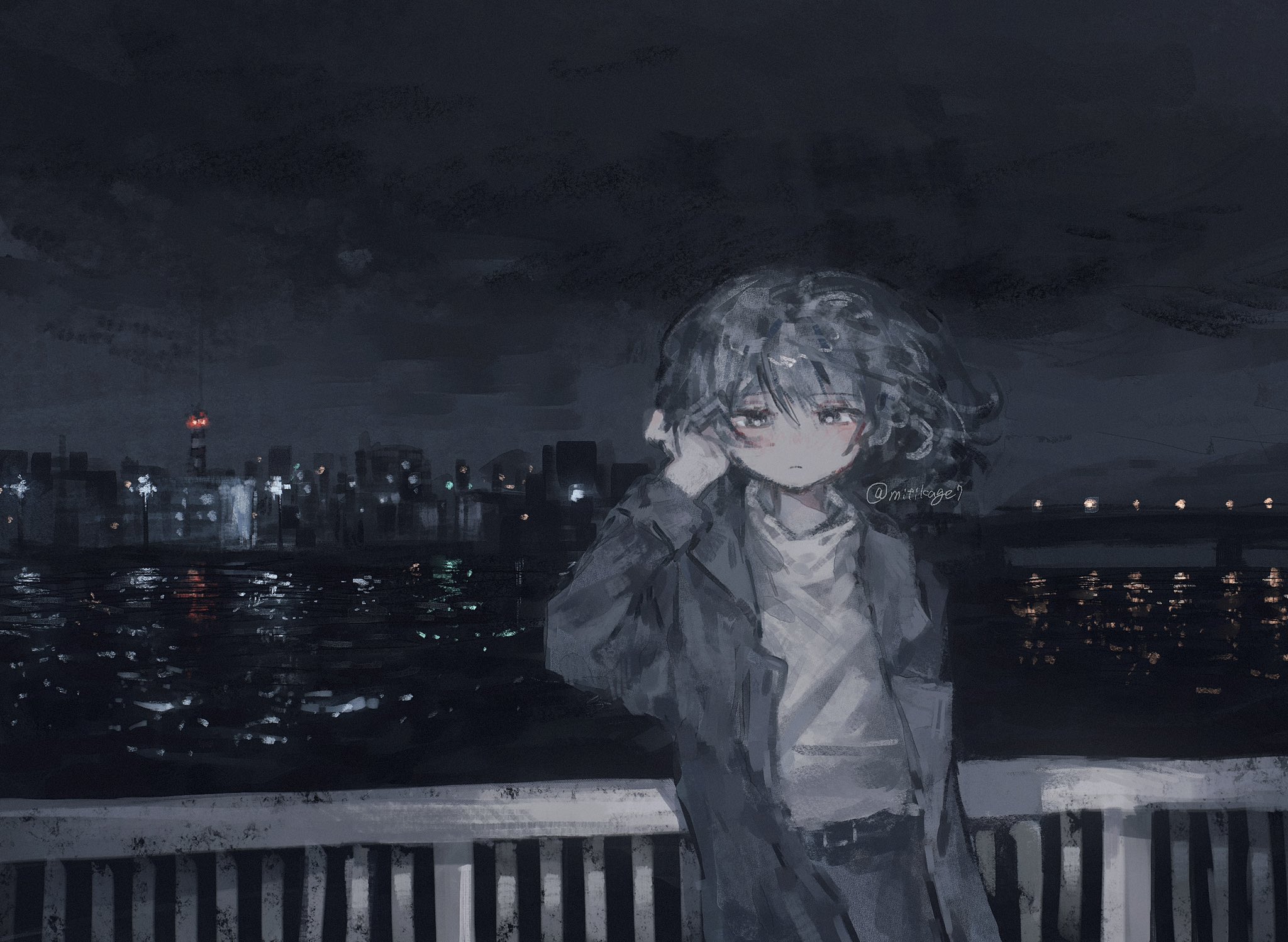 original, highres, 1girl, belt, black belt, black eyes, black hair, black jacket, bridge, city, city lights, fence, frown, jacket, looking at viewer, medium hair, mitikage7, night, night sky, reflection, reflective water, shirt, signature, sky, tucking hair, turtleneck, white shirt