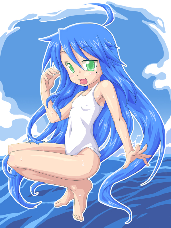 yura (yurating), izumi konata, lucky star, bad id, bad pixiv id, 00s, 1girl, ahoge, bare shoulders, barefoot, blue hair, breasts, cloud, covered erect nipples, female focus, green eyes, long hair, mole, mole under eye, one-piece swimsuit, open mouth, small breasts, solo, swimsuit, water, white one-piece swimsuit