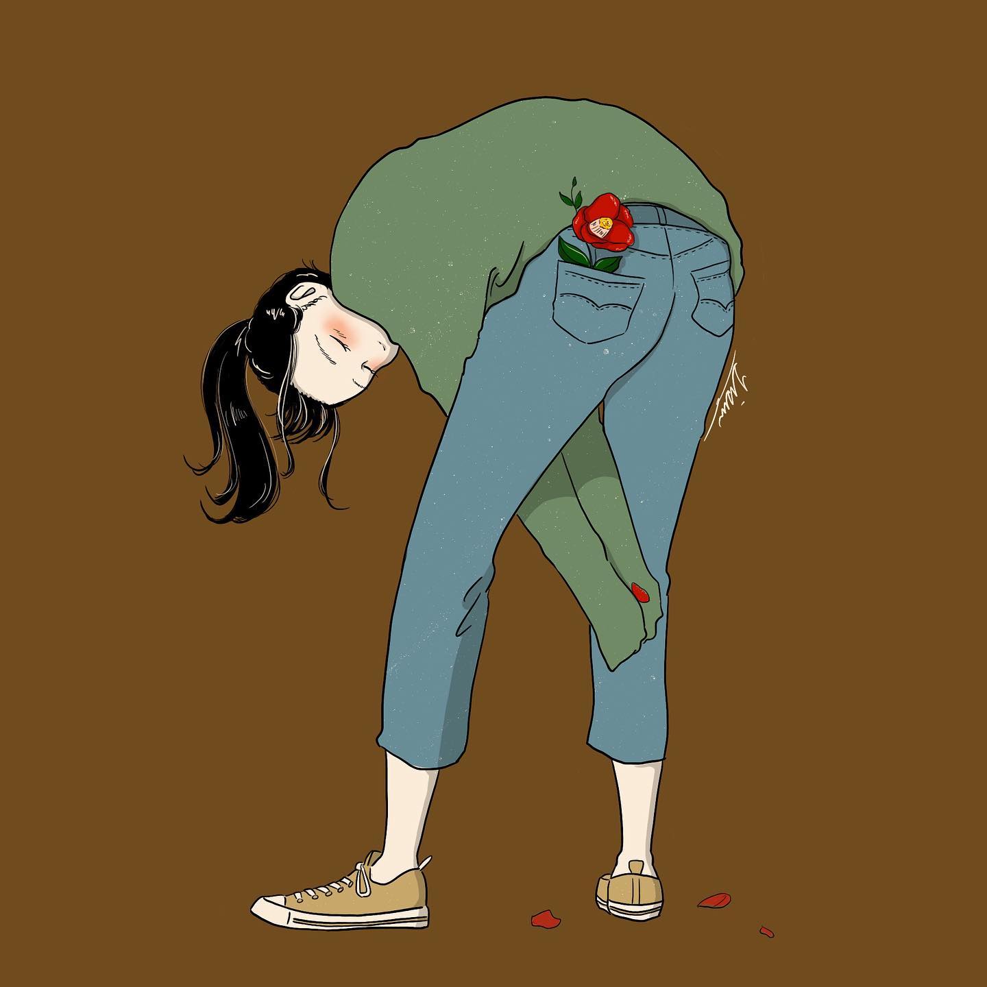 lisa (illustsan430), converse, original, commentary, commentary request, english commentary, highres, mixed-language commentary, procreate (medium), 1girl, arms between legs, artist name, bent over, black hair, blue pants, blush, brown background, camellia, capri pants, closed eyes, flower, flower in pocket, from behind, full body, green sweater, holding, holding petal, long hair, long sleeves, pants, petals, ponytail, red flower, shoes, signature, simple background, sleeves past fingers, sleeves past wrists, sneakers, solo, standing, sweater, yellow shoes
