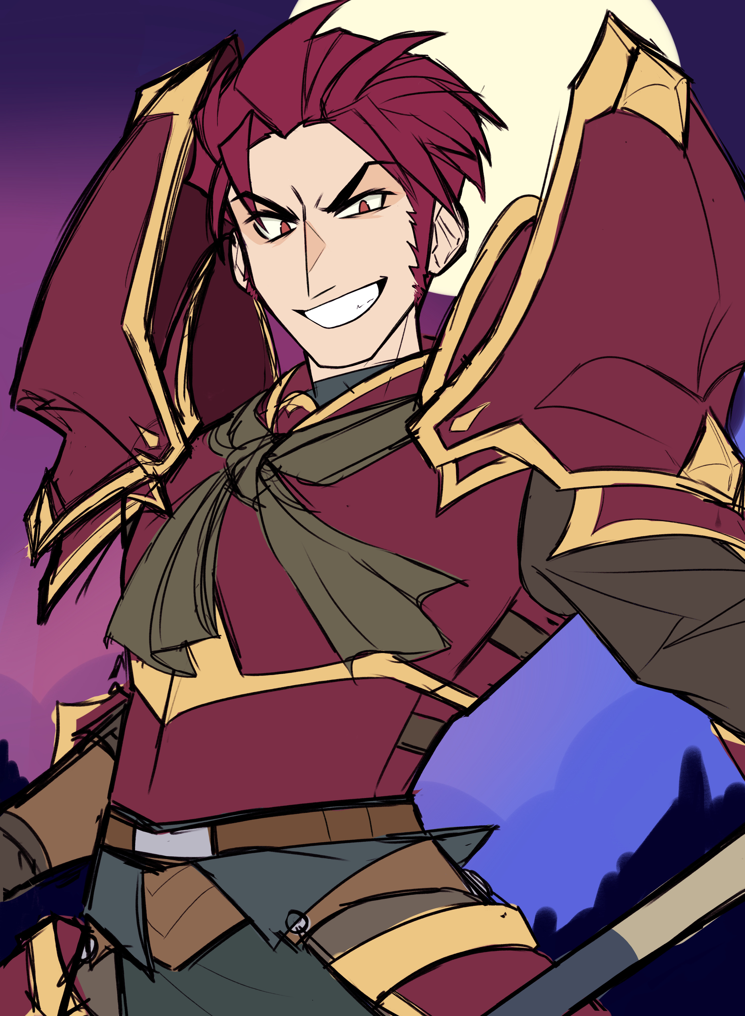 heartbeat tei, jarod (fire emblem), fire emblem, fire emblem: radiant dawn, nintendo, absurdres, commentary, english commentary, highres, 1boy, armor, cowboy shot, evil grin, evil smile, full moon, grin, male focus, moon, neckerchief, night, outdoors, purple hair, short hair, sideburns, smile, solo