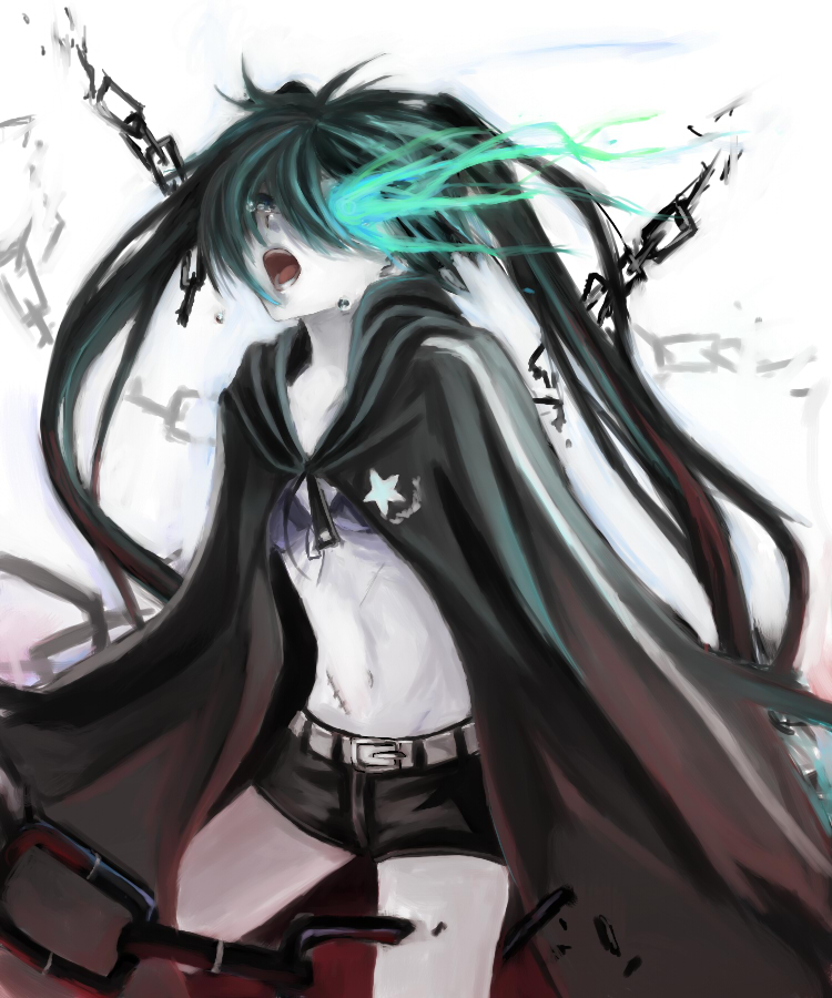nako, nako (nonrain), black rock shooter (character), black rock shooter, 10s, 1girl, belt, bikini, bikini top only, black hair, cape, chain, female focus, flat chest, long hair, midriff, scar, shorts, solo, swimsuit, twintails