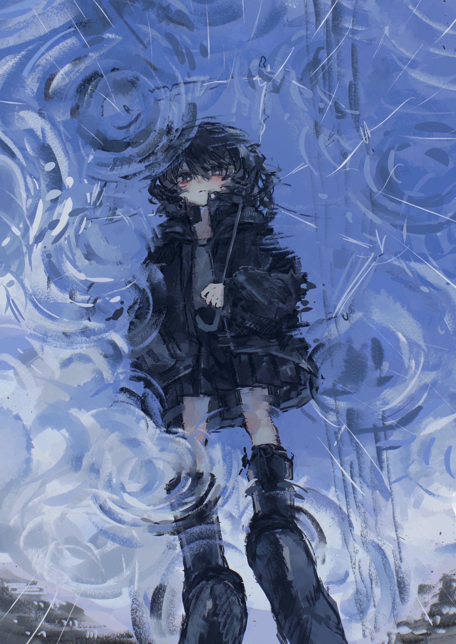 original, highres, 1girl, black boots, black eyes, black hair, black jacket, black skirt, blue sky, boots, expressionless, holding, holding umbrella, jacket, light blush, looking at reflection, looking at viewer, mitikage7, puddle, rain, reflection, reflective water, skirt, sky, transparent, transparent umbrella, umbrella, water drop