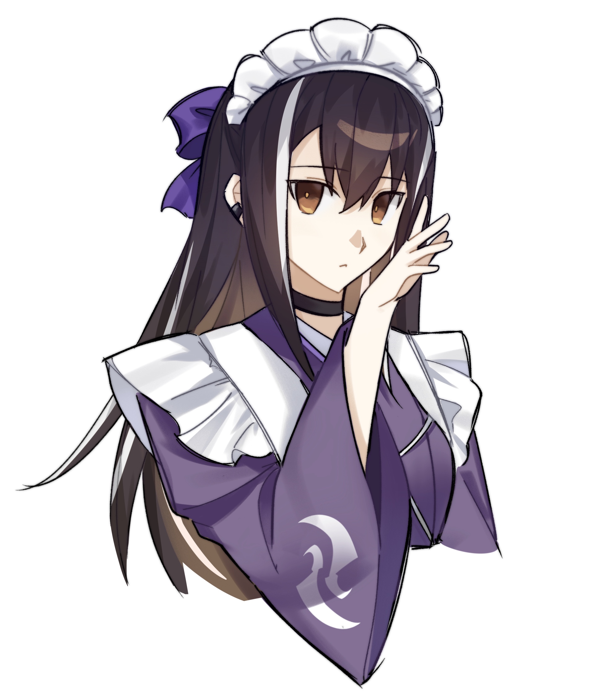 kawakami gensai (fate), fate/grand order, fate (series), highres, 1girl, black hair, expressionless, kawakami gensai (second ascension) (fate), long hair, looking at viewer, maid, maid headdress, multicolored hair, solo, upper body, vntw2288, white hair, yellow eyes
