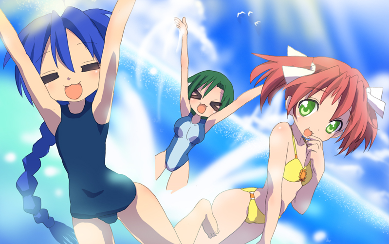 sora to umi, izumi konata, kobayakawa yutaka, narumi yui, lucky star, > <, > <, 00s, 3girls, :3, = =, alternate hairstyle, armpits, arms up, bikini, blue hair, braid, closed eyes, cloud, cousins, day, family, finger to mouth, flat chest, green eyes, green hair, long hair, multiple girls, one-piece swimsuit, outstretched arms, pink hair, short hair, short twintails, siblings, sisters, swimsuit, twintails, water, x3