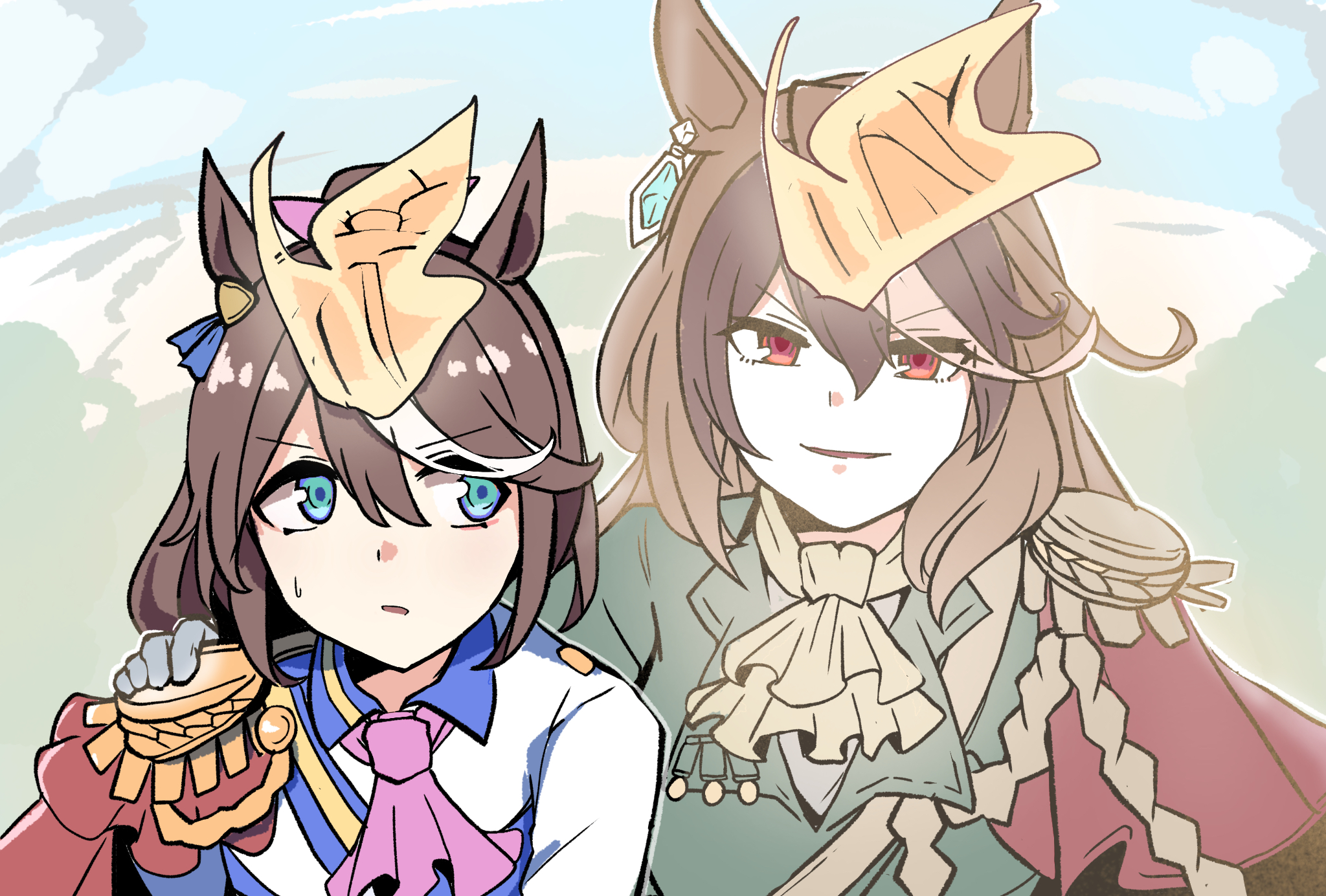 kawamochi (tddm3573), symboli rudolf (emperor's path) (umamusume), symboli rudolf (umamusume), tokai teio (peak joy) (umamusume), tokai teio (umamusume), umamusume, highres, 2girls, animal ears, blue eyes, brown hair, epaulettes, green jacket, hair between eyes, hair ribbon, hand on another's shoulder, horse ears, jacket, long hair, multicolored hair, multiple girls, parted lips, pink ribbon, ponytail, red eyes, ribbon, single epaulette, streaked hair, two-tone hair, upper body, v-shaped eyebrows, white hair, white jacket