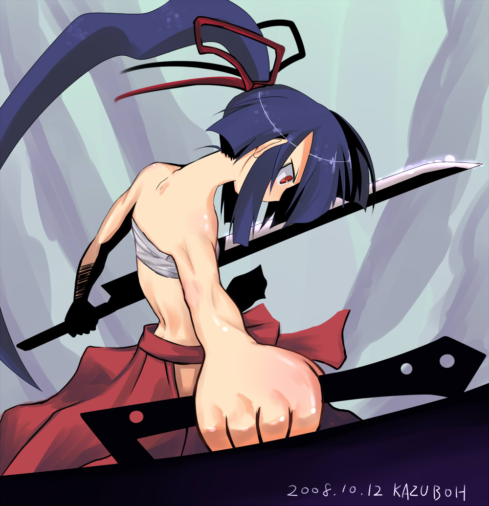 kazuboh, bushidou (sekaiju), bushidou 2 (sekaiju), ronin (disgaea), atlus, disgaea, etrian odyssey, 1girl, back, female focus, perspective, ponytail, solo, sword, weapon