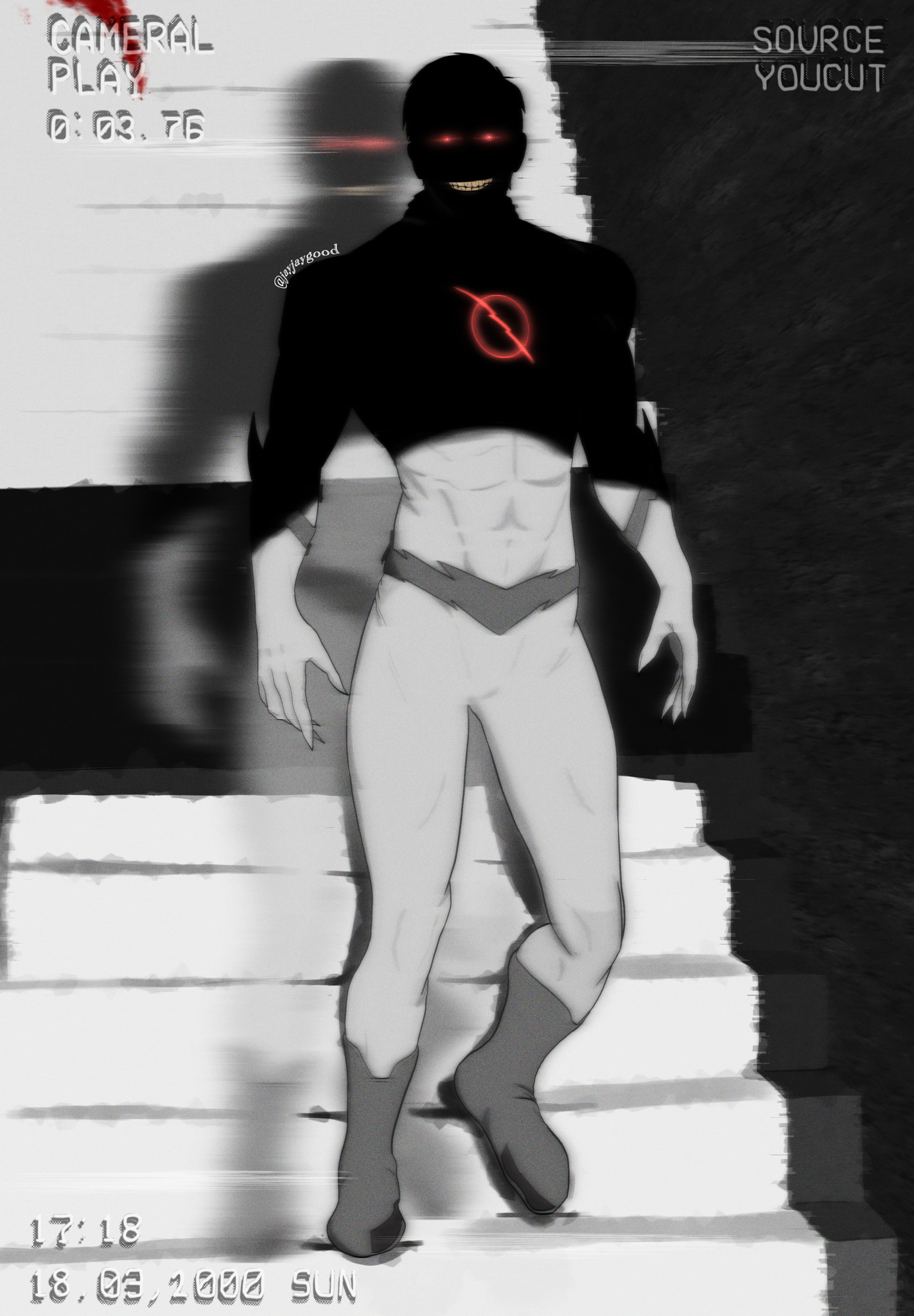 reverse flash, the flash, dc comics, original, commentary, english commentary, highres, self-upload, 1boy, abs, afterimage, artist name, blood, camera, eobard thawne, glowing, glowing eyes, grin, jay jay good, jayjaygood, male focus, motion blur, smile, solo, stairs, superhero costume, villain pose