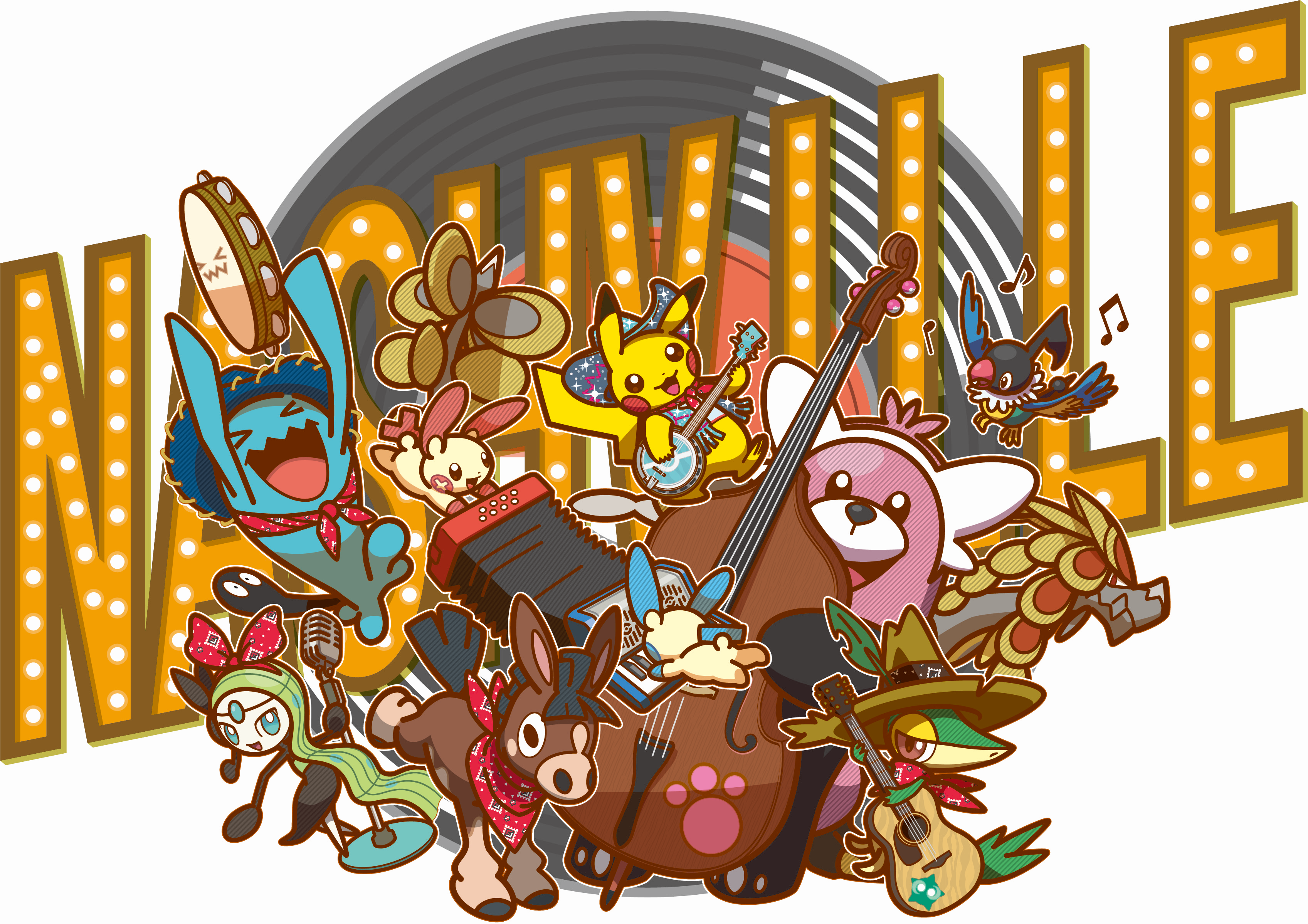 bewear, chatot, kommo-o, meloetta, meloetta (aria), minior, minior (core), minior (green core), minun, mudbray, pikachu, plusle, snivy, nintendo, pokemon, pokemon world championships, absurdres, artist request, highres, official art, third-party source, > <, accordion, aqua eyes, arms up, bandana, bandana around neck, banjo, bird, blue hat, blue poncho, bright pupils, brown eyes, closed eyes, closed mouth, clothed pokemon, cowboy hat, dot nose, double bass, flying, gen 1 pokemon, gen 3 pokemon, gen 4 pokemon, gen 5 pokemon, gen 7 pokemon, guitar, hairband, hat, holding, holding guitar, holding instrument, holding microphone stand, instrument, leaf, legendary pokemon, microphone, microphone stand, musical note, mythical pokemon, nostrils, open mouth, outline, place name, pokemon (creature), pokemon focus, red bandana, red hairband, simple background, smile, sparkle, sparkling clothes, tambourine, vinyl record, white background, white outline, white pupils