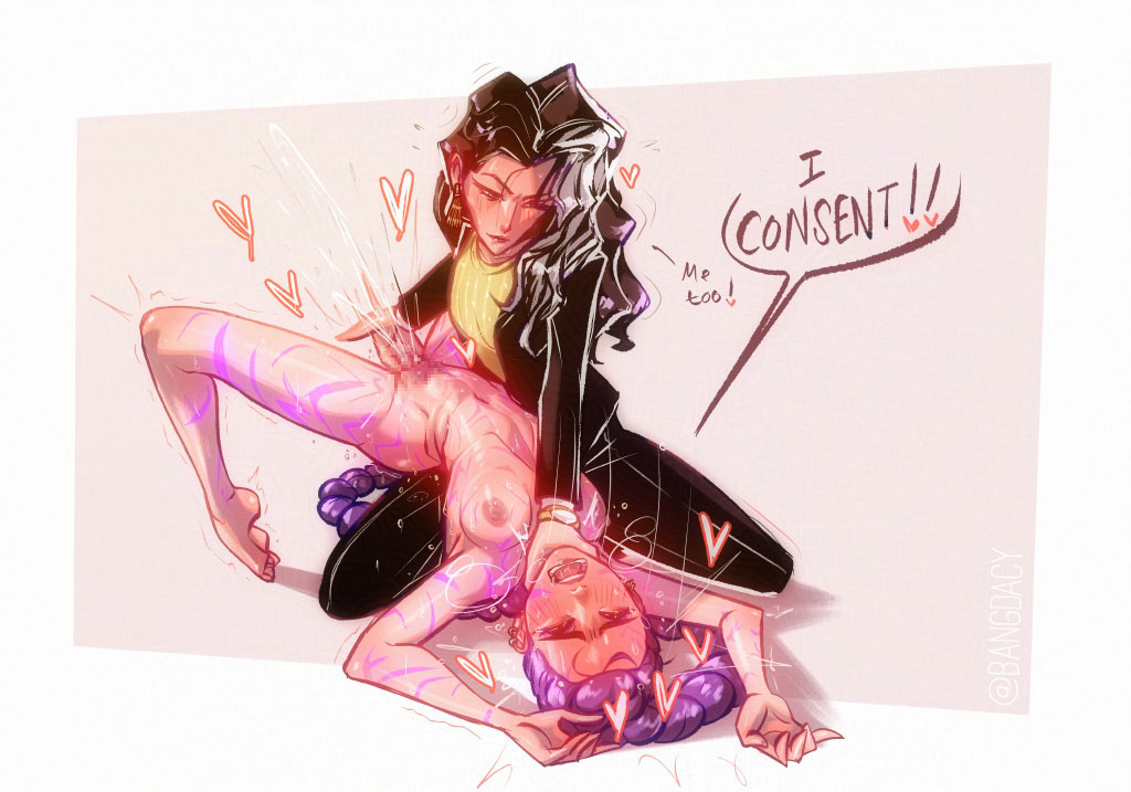 bang dacy, celine (kpop demon hunters), rumi (kpop demon hunters), kpop demon hunters, commentary, english commentary, 2girls, age difference, artist name, barefoot, black hair, blush, body markings, breasts, clothed female nude female, completely nude, english text, female ejaculation, fingering, heart, jacket, long hair, looking at another, medium breasts, multiple girls, navel, nipples, nude, pants, purple hair, pussy juice, simple background, speech bubble, strangling, watch, white background, wristwatch, yuri
