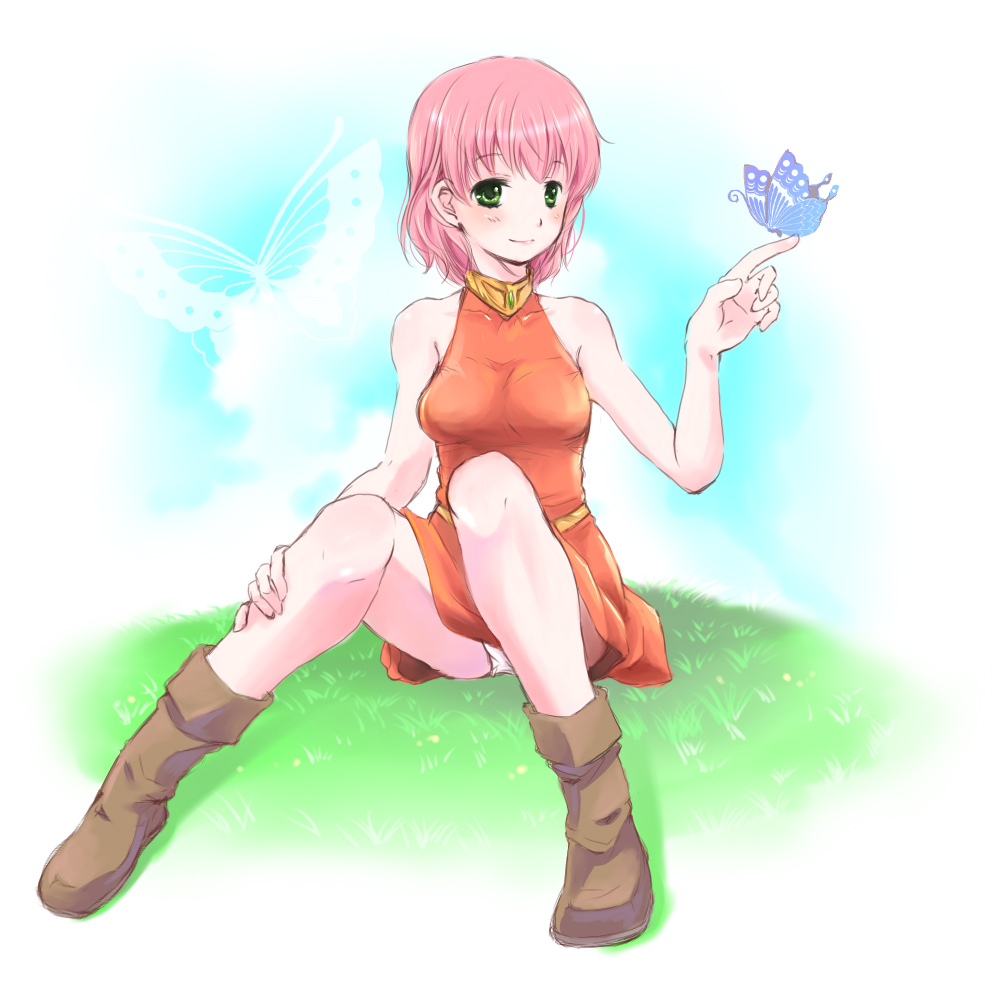 unini, yukako (yunny), lenna charlotte tycoon, final fantasy, final fantasy v, bad id, bad pixiv id, 1990s (style), 1girl, bare shoulders, blush, boots, bug, butterfly, dress, female focus, green eyes, insect, orange shirt, orange skirt, panties, pantyshot, pink hair, retro artstyle, shirt, short hair, sitting, skirt, sleeveless, smile, solo, underwear, white panties