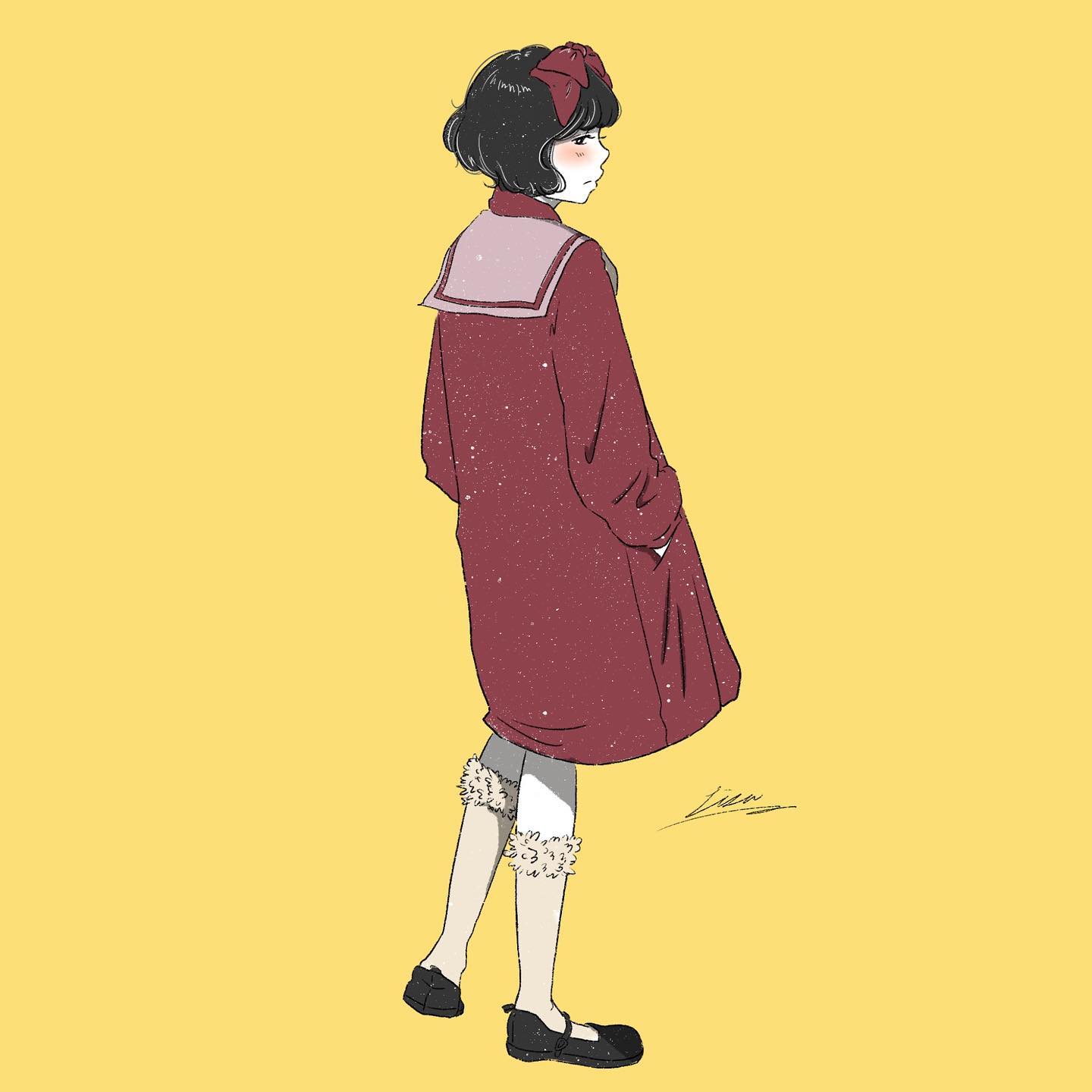 lisa (illustsan430), original, commentary request, highres, procreate (medium), 1girl, artist name, black eyes, black hair, black shoes, blush, bob cut, bow, bright pupils, closed mouth, dress, from behind, full body, fur-trimmed socks, hair bow, hands in pockets, long sleeves, looking to the side, mary janes, pink sailor collar, profile, red bow, red dress, sailor collar, shoes, short hair, signature, simple background, socks, solo, standing, turning head, white pupils, white socks, yellow background