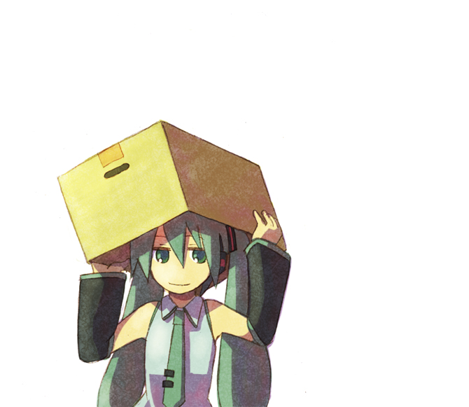 kusaka yoru, hatsune miku, vocaloid, box, cardboard box, detached sleeves, green eyes, green hair, necktie, smile, solo, twintails