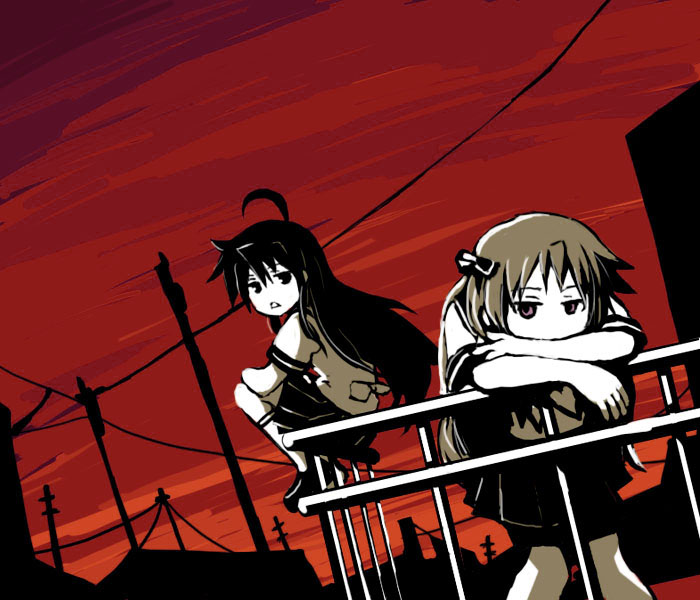 kusaka yoru, hiiragi kagami, izumi konata, lucky star, 00s, 2girls, :<, ahoge, hair ribbon, long hair, monochrome, multiple girls, pleated skirt, power lines, ribbon, school uniform, serafuku, sitting, skirt, sky, sunset, triangle mouth, tsurime
